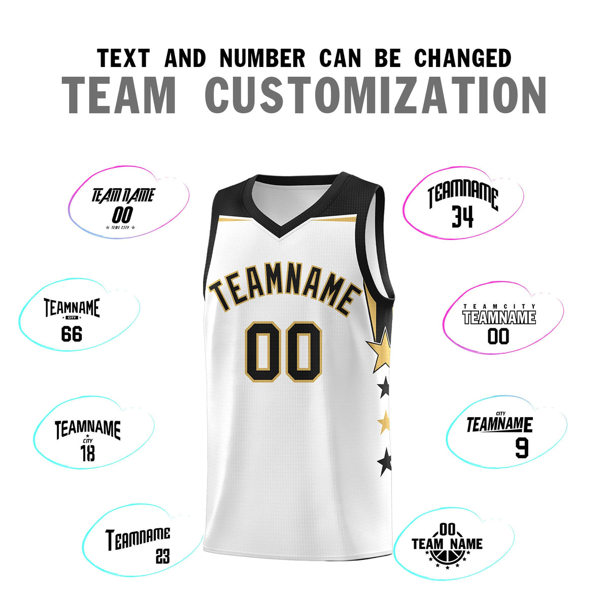 Custom Youth Basketball Uniform White Black Two Tone Side Star Add Name Number &amp; Logo