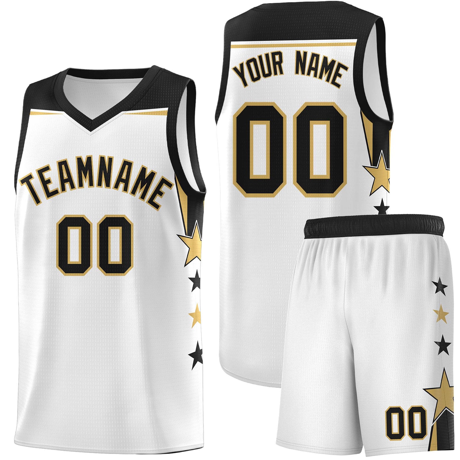 Custom Youth Basketball Uniform White Black Two Tone Side Star Add Name Number & Logo