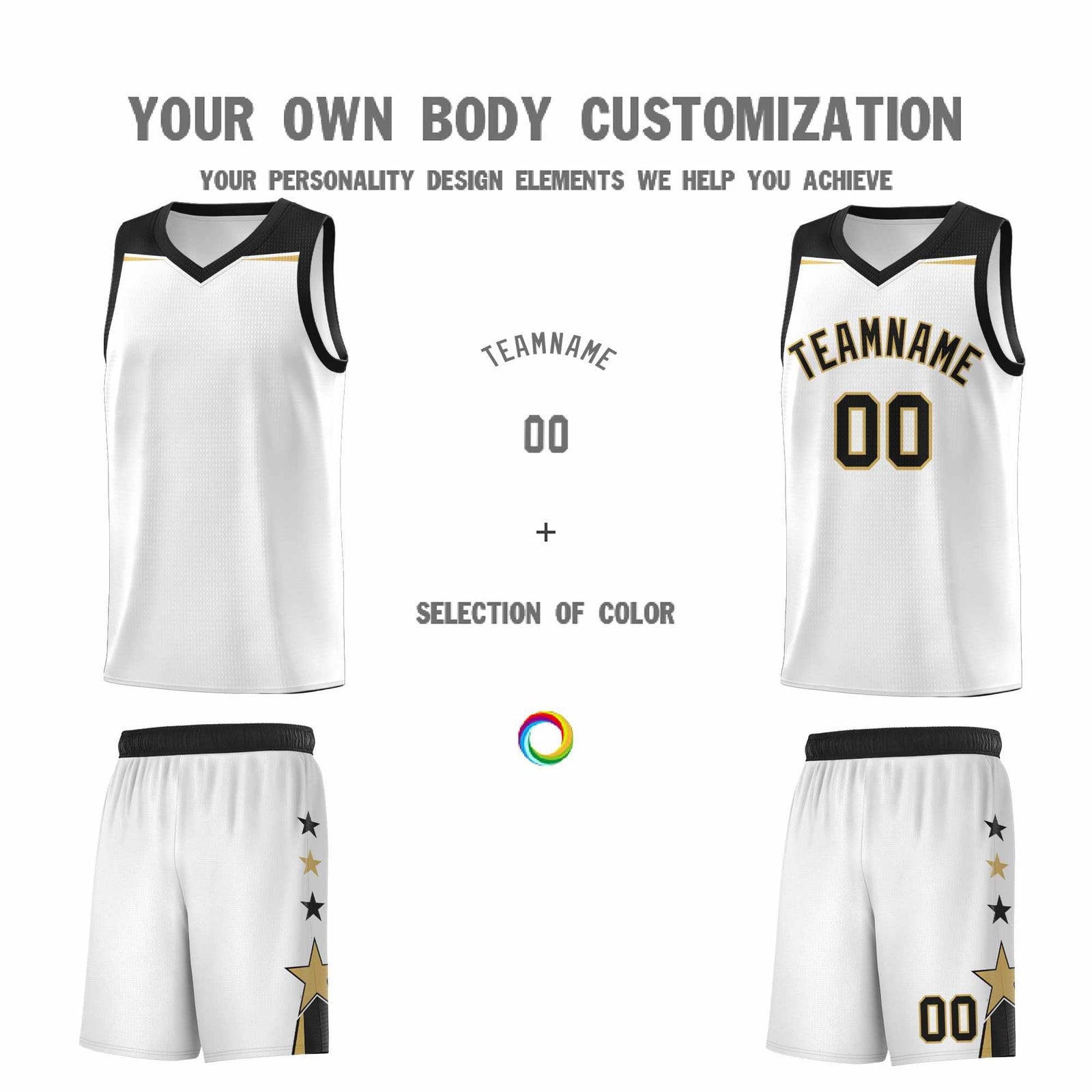 Custom Youth Basketball Uniform White Black Two Tone Side Star Add Name Number & Logo
