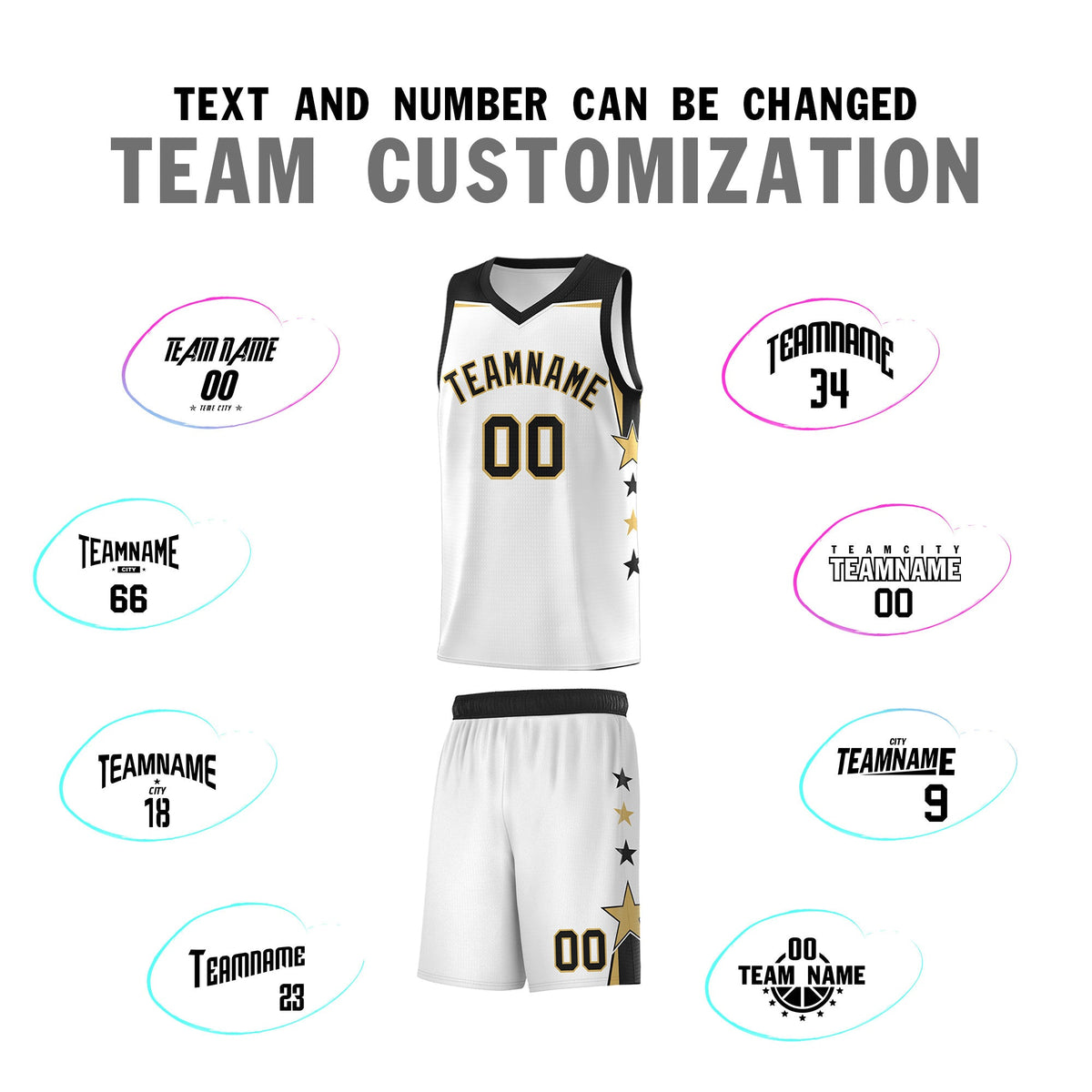 Custom Youth Basketball Uniform White Black Two Tone Side Star Add Name Number &amp; Logo
