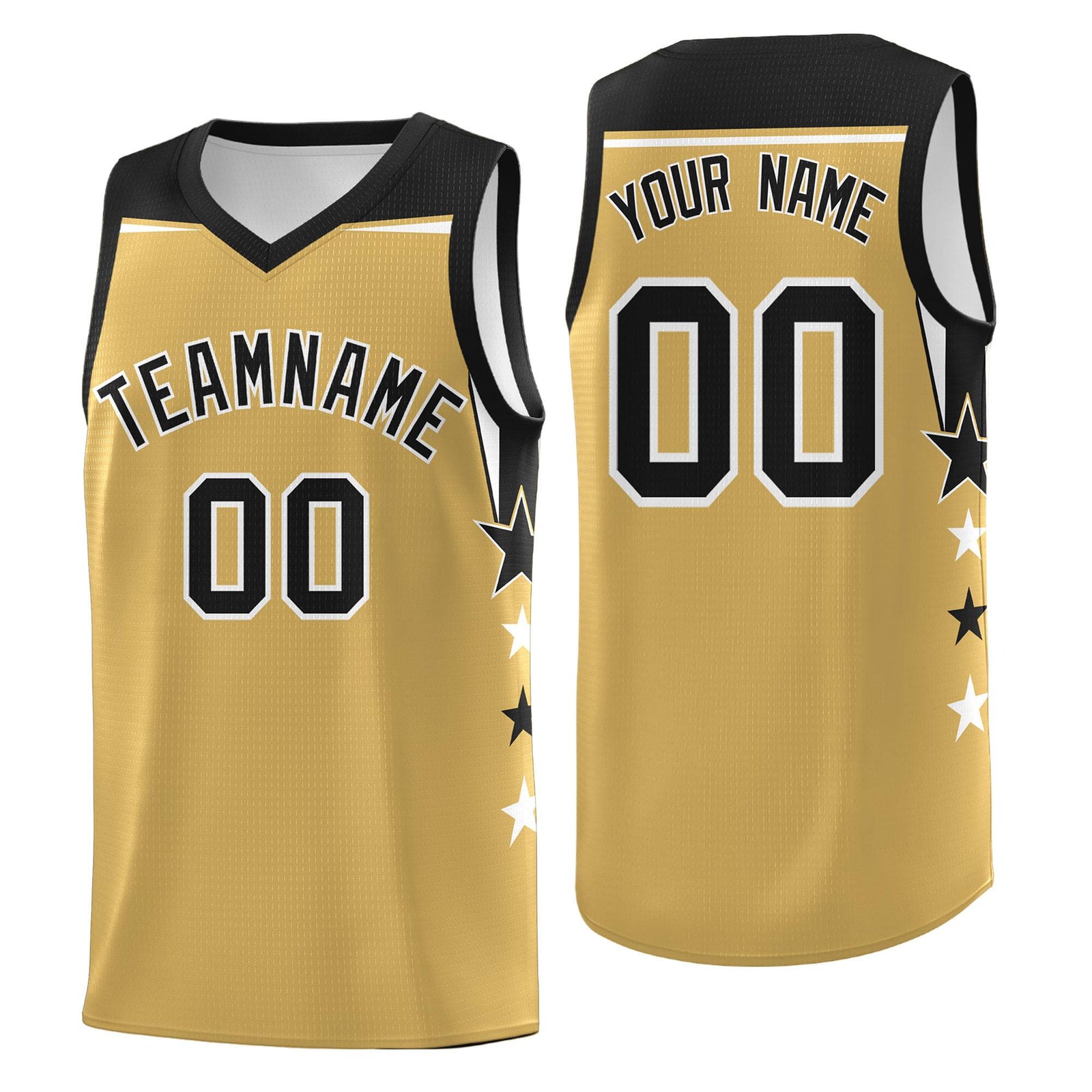 Custom Youth Basketball Uniform Old Gold Black Two Tone Side Star Color Block Team Jersey
