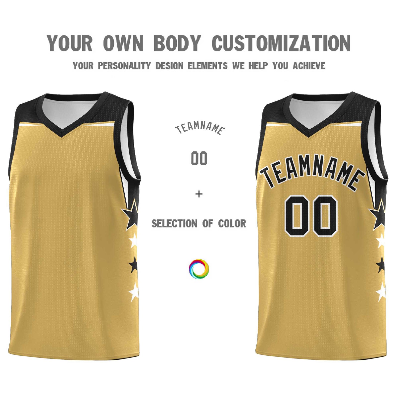 Custom Youth Basketball Uniform Old Gold Black Two Tone Side Star Color Block Team Jersey