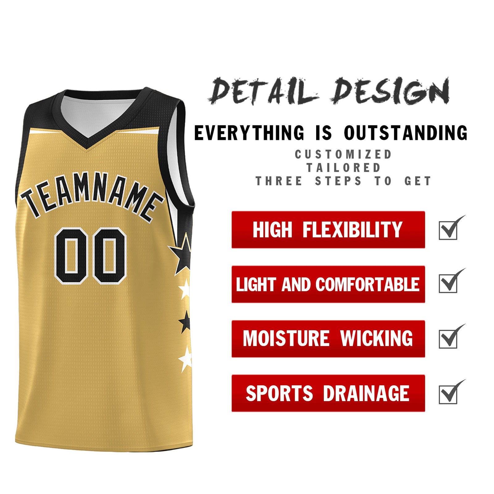 Custom Youth Basketball Uniform Old Gold Black Two Tone Side Star Color Block Team Jersey