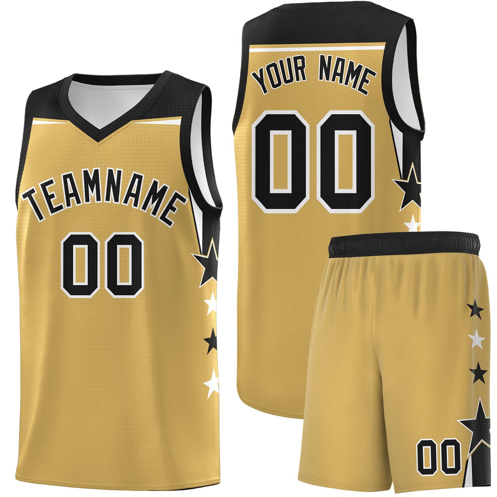 Custom Youth Basketball Uniform Old Gold Black Two Tone Side Star Color Block Team Jersey