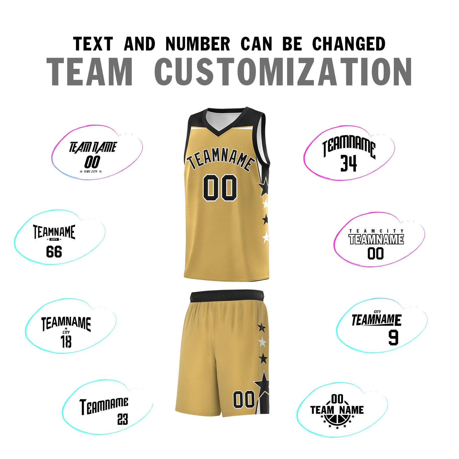 Custom Youth Basketball Uniform Old Gold Black Two Tone Side Star Color Block Team Jersey
