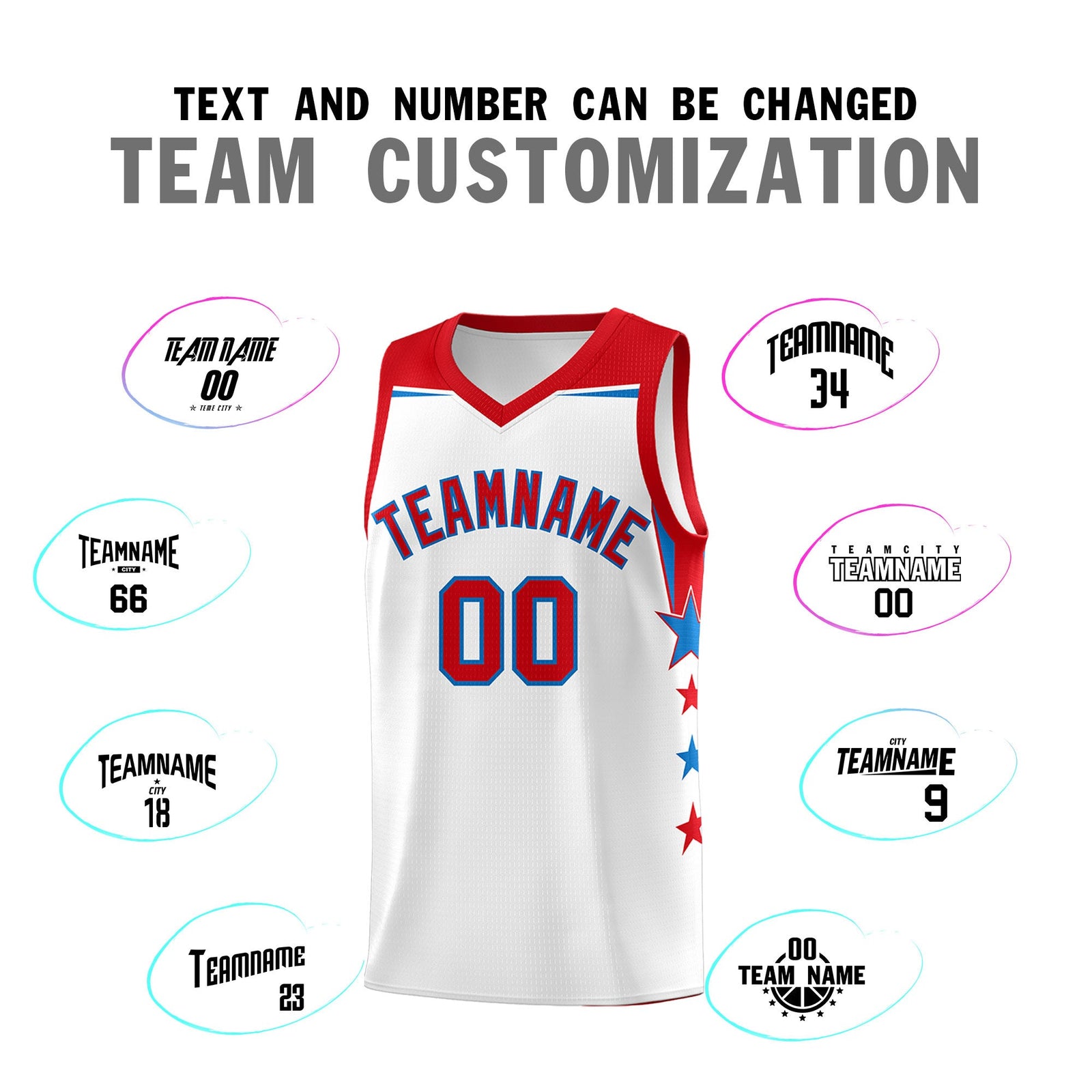 Custom Youth Basketball Uniform White Red Two Tone Side Star Add Name Number & Logo