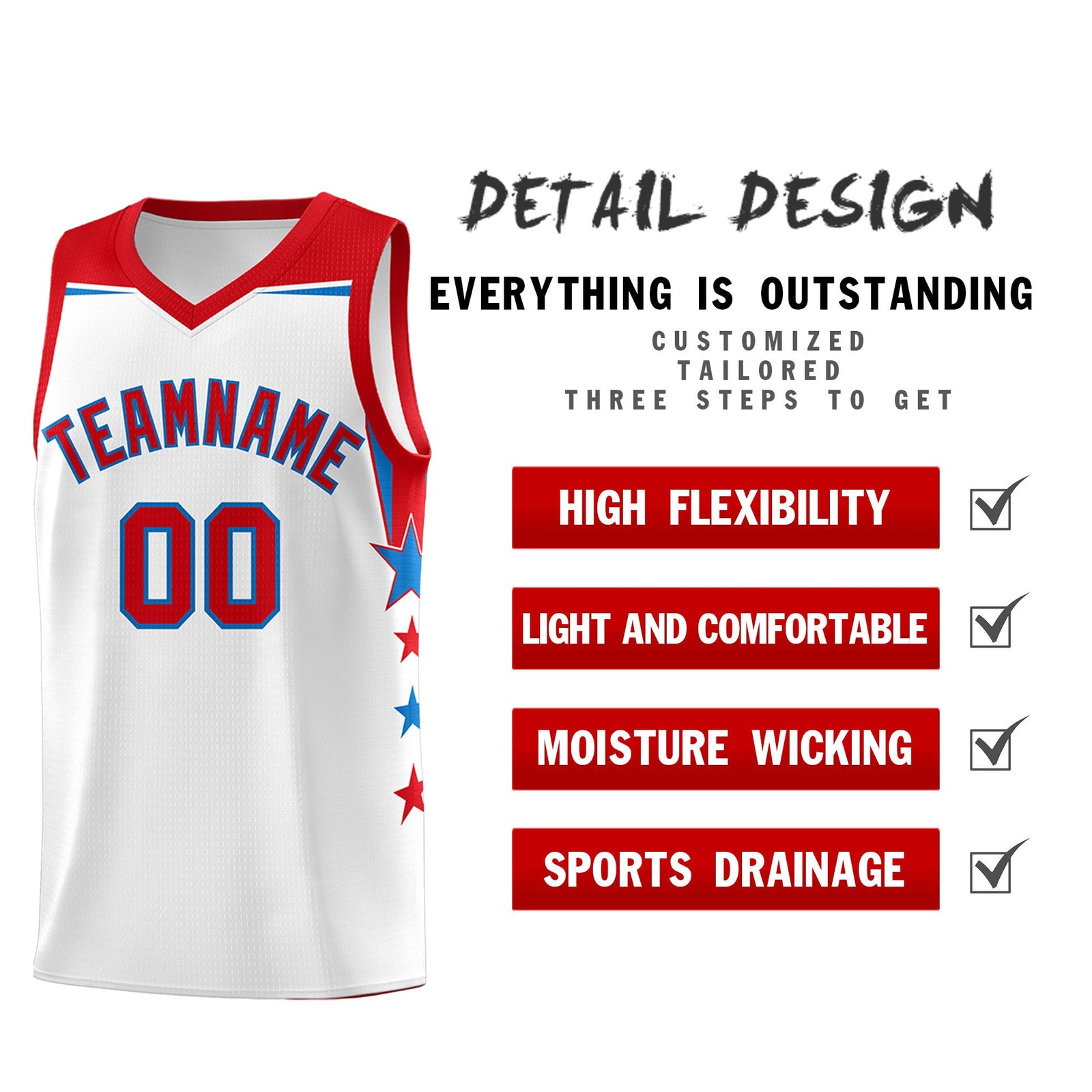 Custom Youth Basketball Uniform White Red Two Tone Side Star Add Name Number & Logo