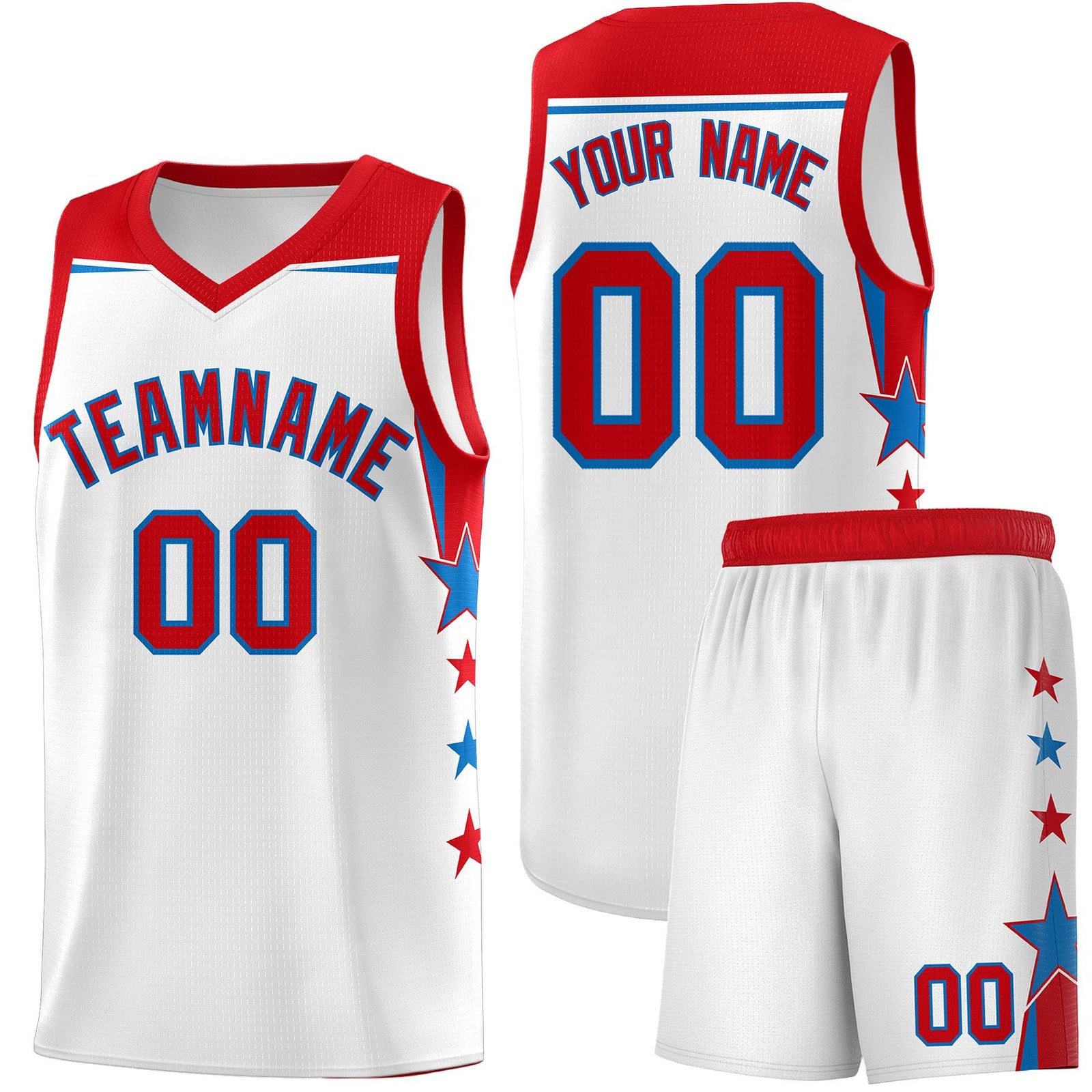 Custom Youth Basketball Uniform White Red Two Tone Side Star Add Name Number & Logo