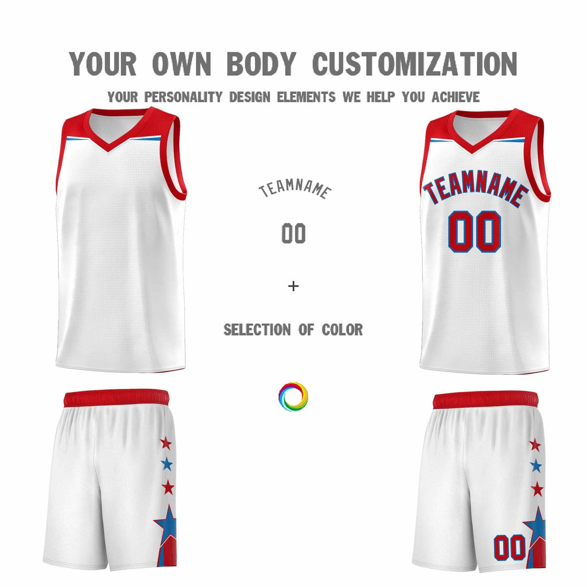 Custom Youth Basketball Uniform White Red Two Tone Side Star Add Name Number &amp; Logo