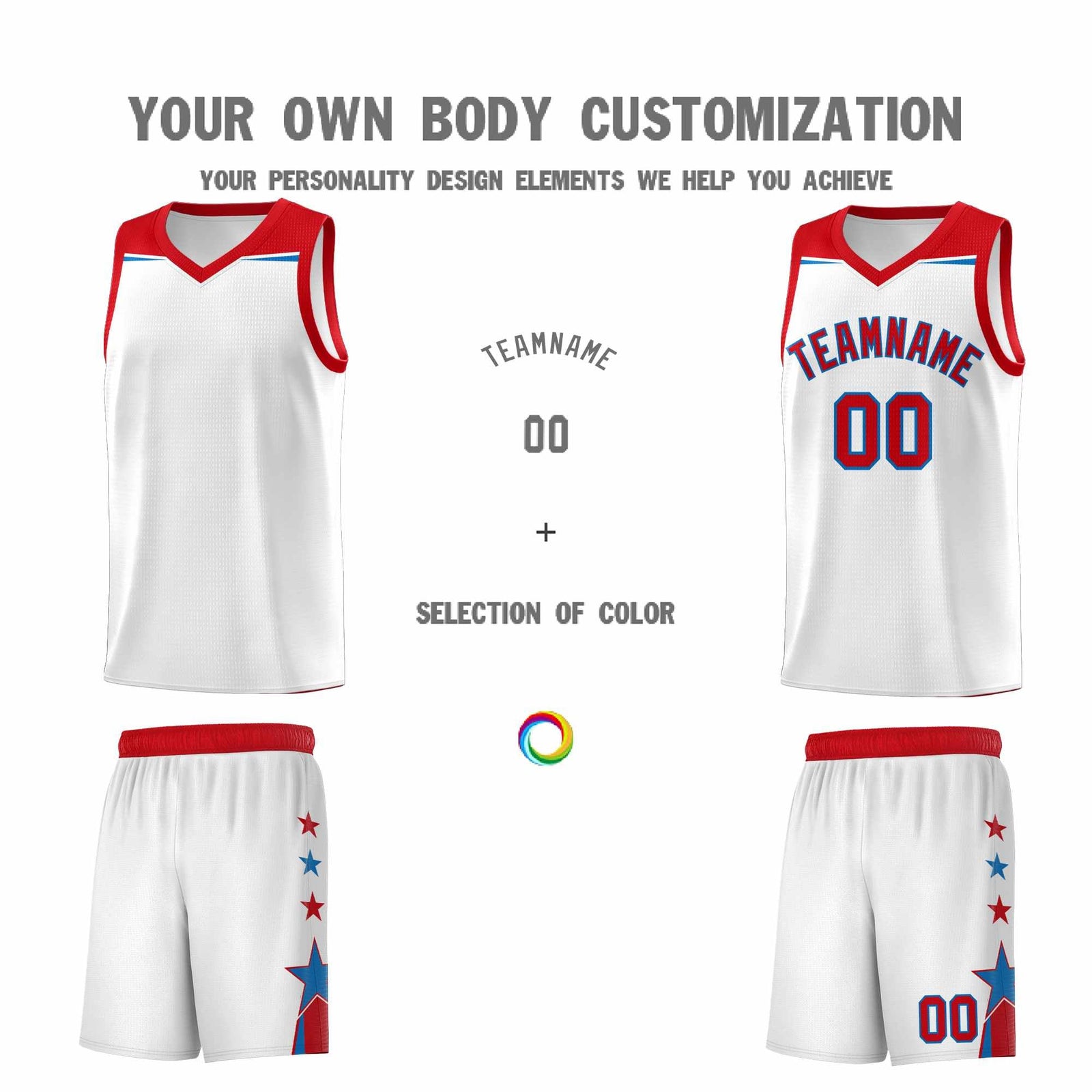 Custom Youth Basketball Uniform White Red Two Tone Side Star Add Name Number & Logo