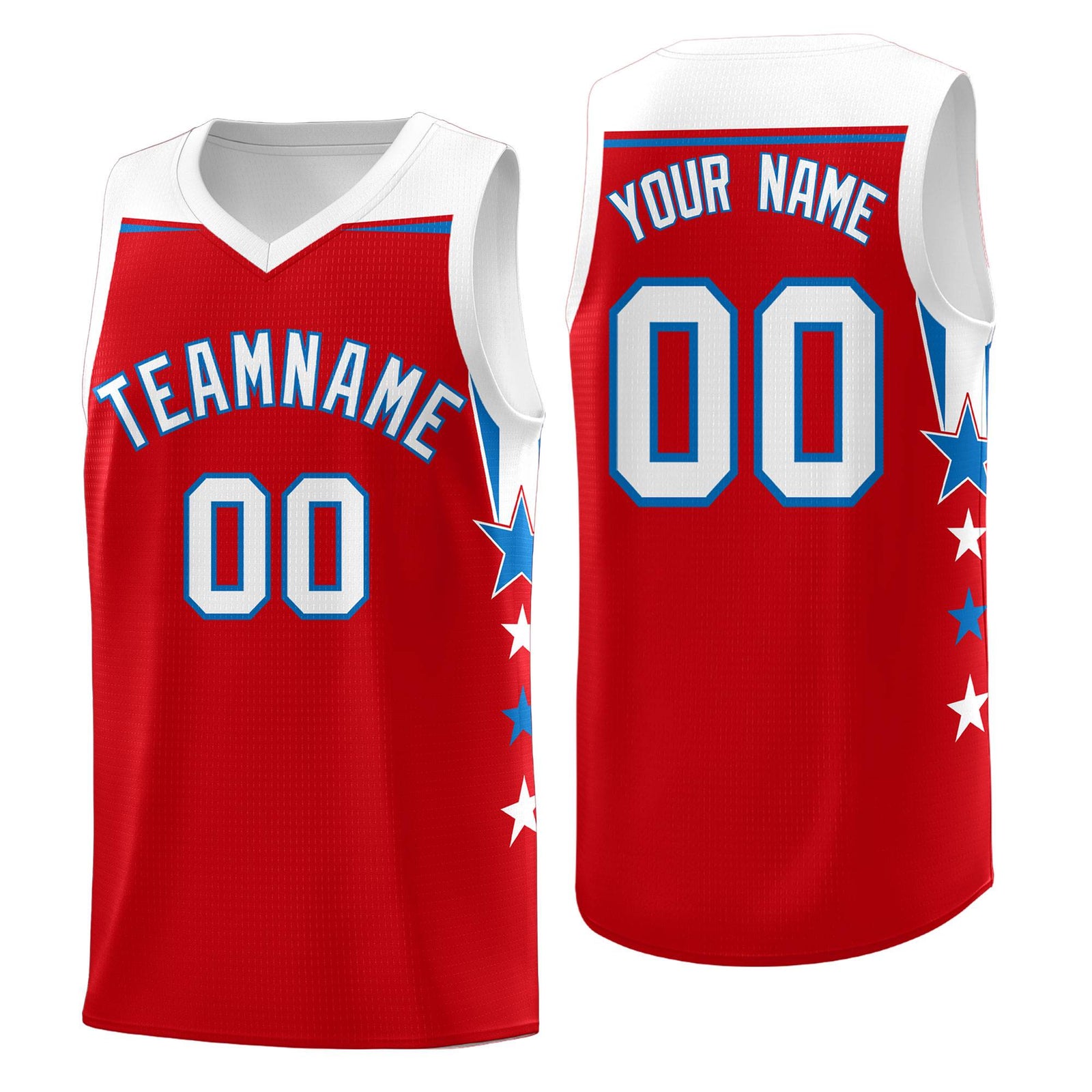 Custom Youth Basketball Uniform Red White Two Tone Side Star Personalized Team Jersey