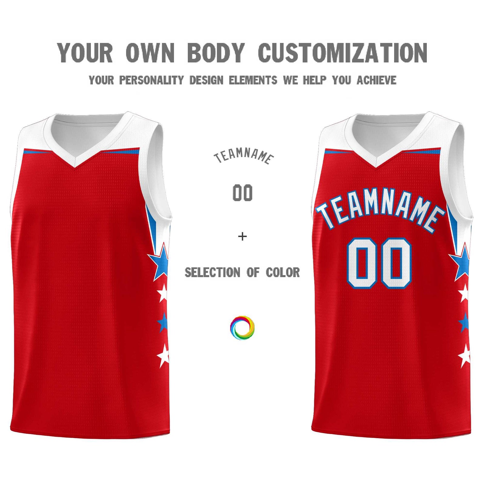 Custom Youth Basketball Uniform Red White Two Tone Side Star Personalized Team Jersey