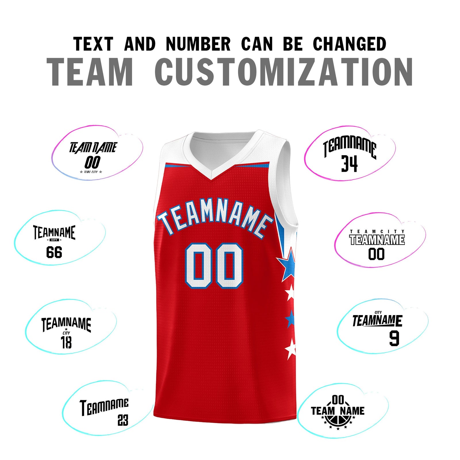 Custom Youth Basketball Uniform Red White Two Tone Side Star Personalized Team Jersey