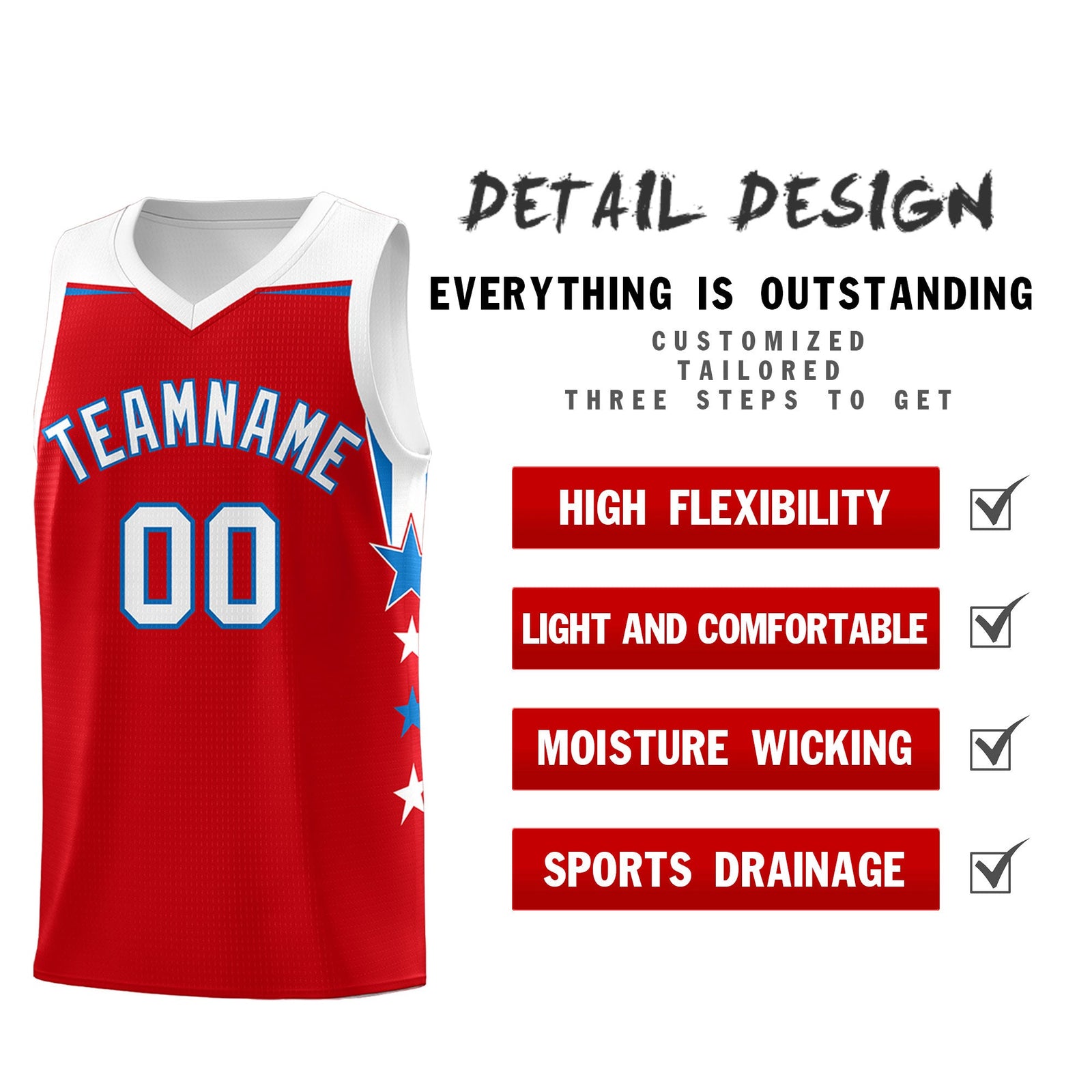 Custom Youth Basketball Uniform Red White Two Tone Side Star Personalized Team Jersey