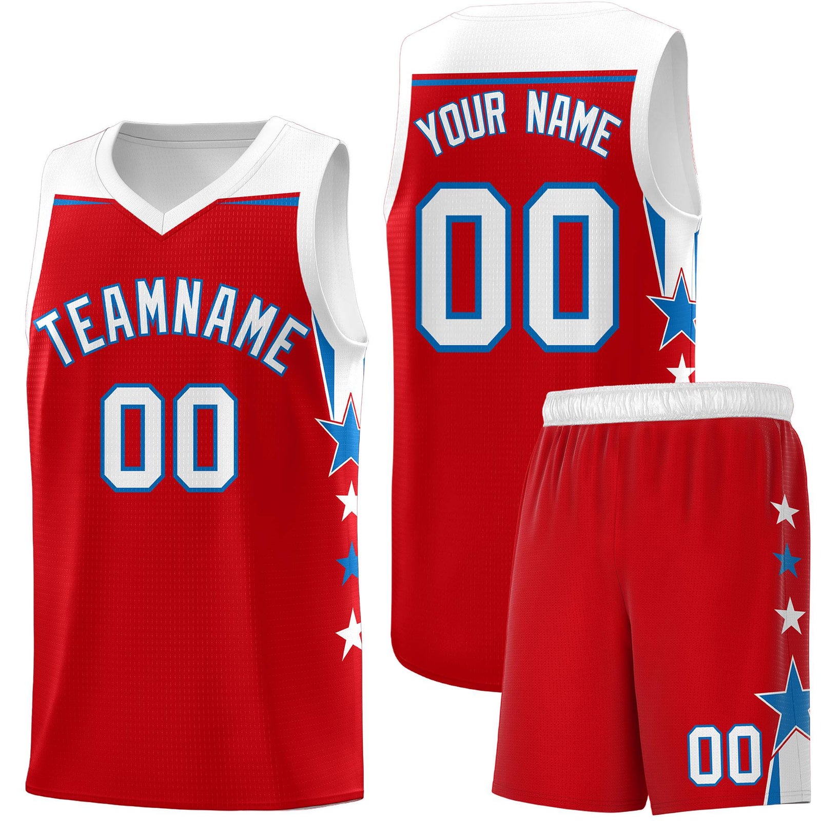 Custom Youth Basketball Uniform Red White Two Tone Side Star Personalized Team Jersey