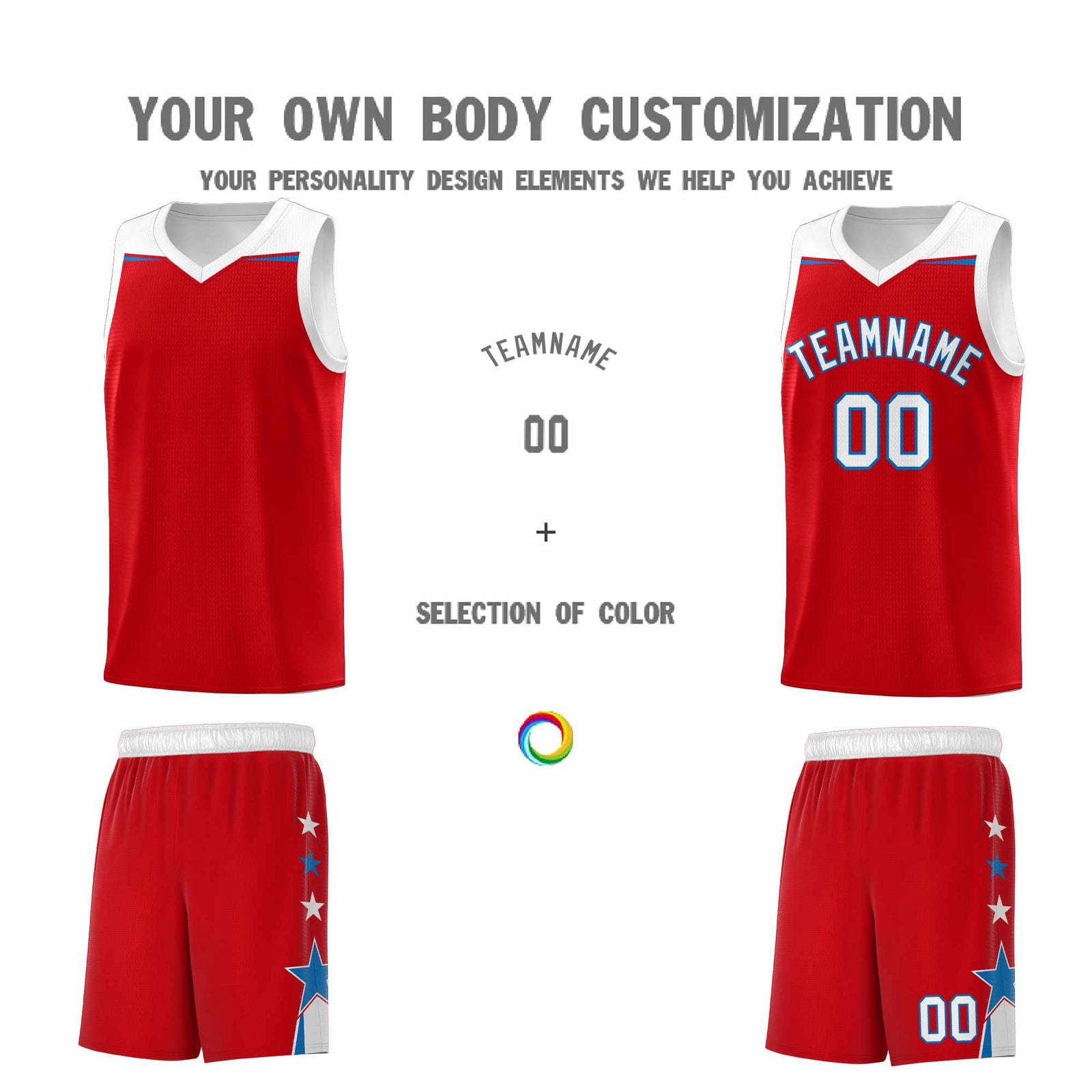 Custom Youth Basketball Uniform Red White Two Tone Side Star Personalized Team Jersey