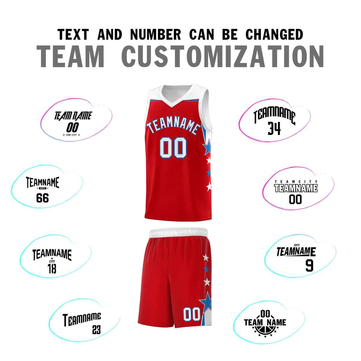 Custom Youth Basketball Uniform Red White Two Tone Side Star Personalized Team Jersey