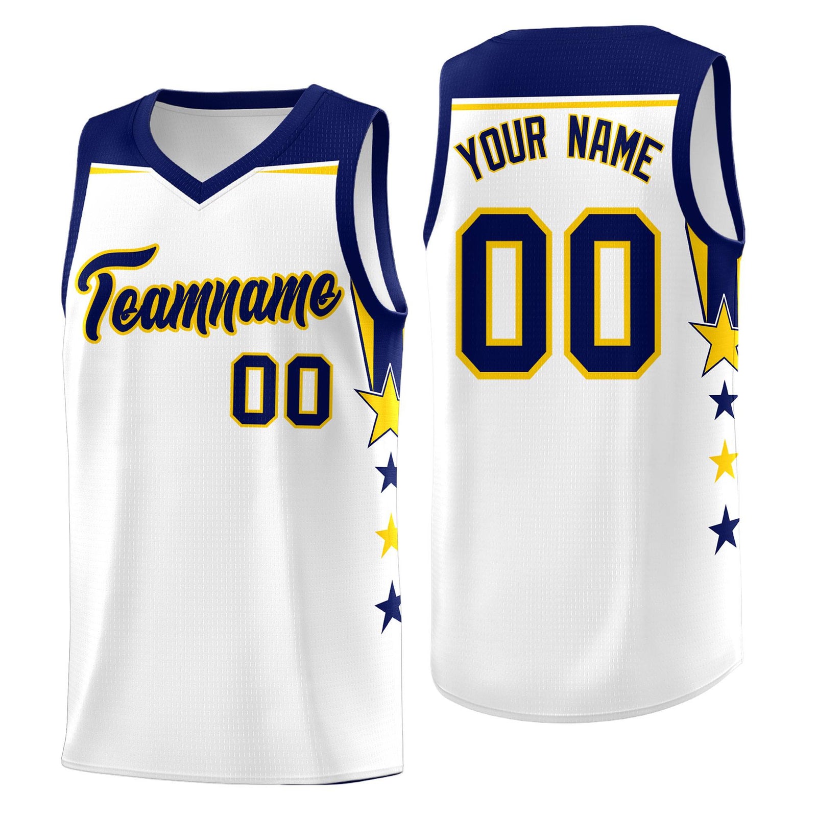 Custom Youth Basketball Uniform White Navy Two Tone Side Star Personalized Team Jersey