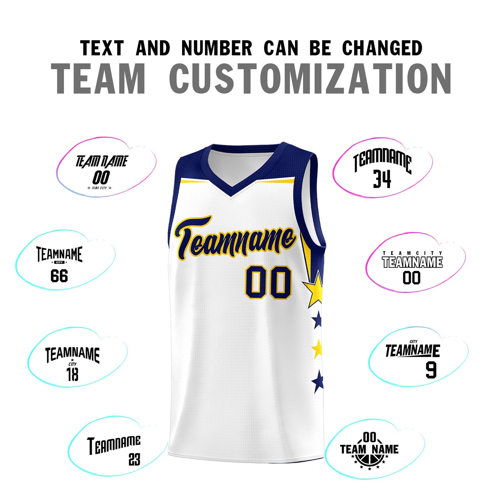 Custom Youth Basketball Uniform White Navy Two Tone Side Star Personalized Team Jersey