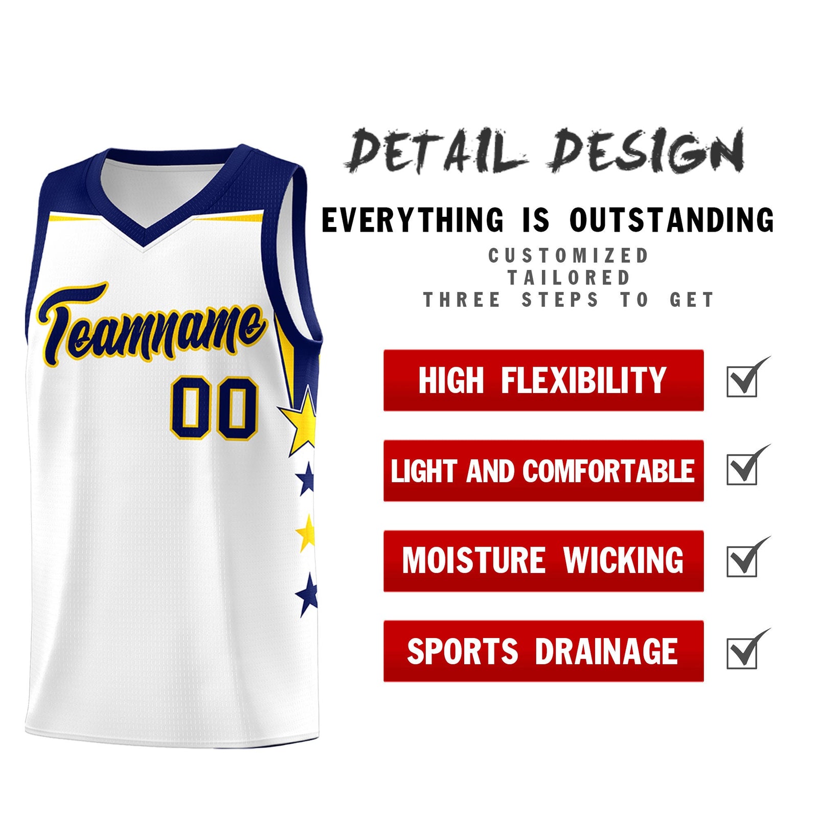 Custom Youth Basketball Uniform White Navy Two Tone Side Star Personalized Team Jersey