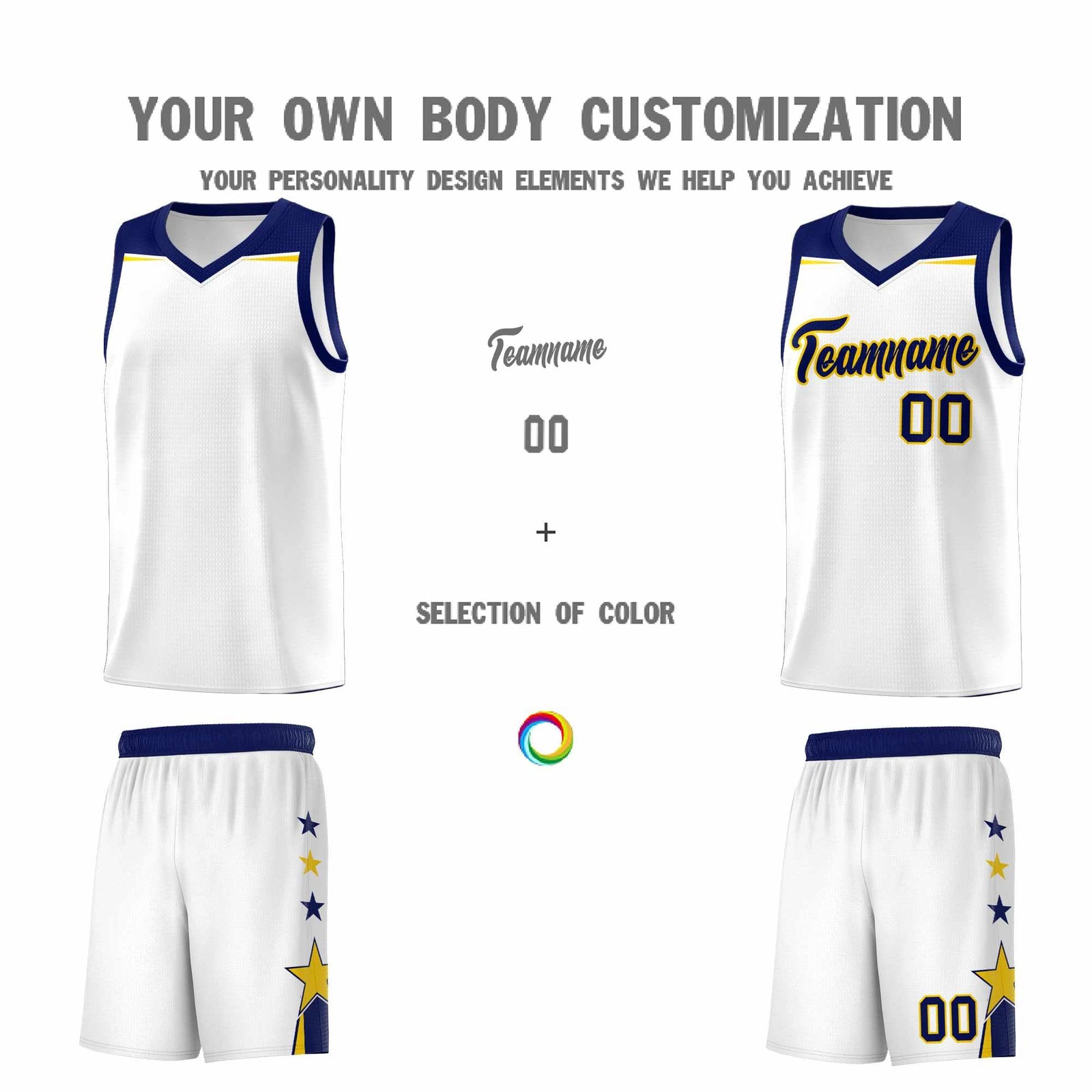 Custom Youth Basketball Uniform White Navy Two Tone Side Star Personalized Team Jersey