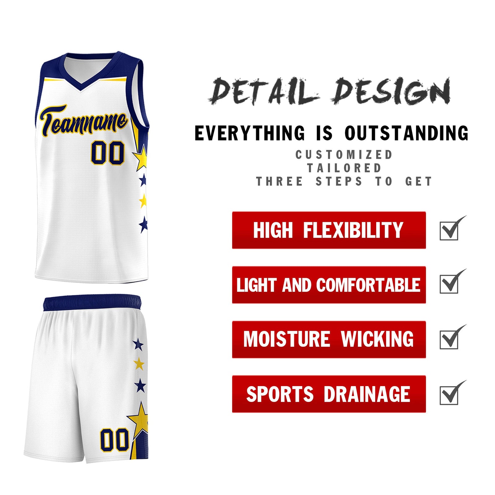 Custom Youth Basketball Uniform White Navy Two Tone Side Star Personalized Team Jersey