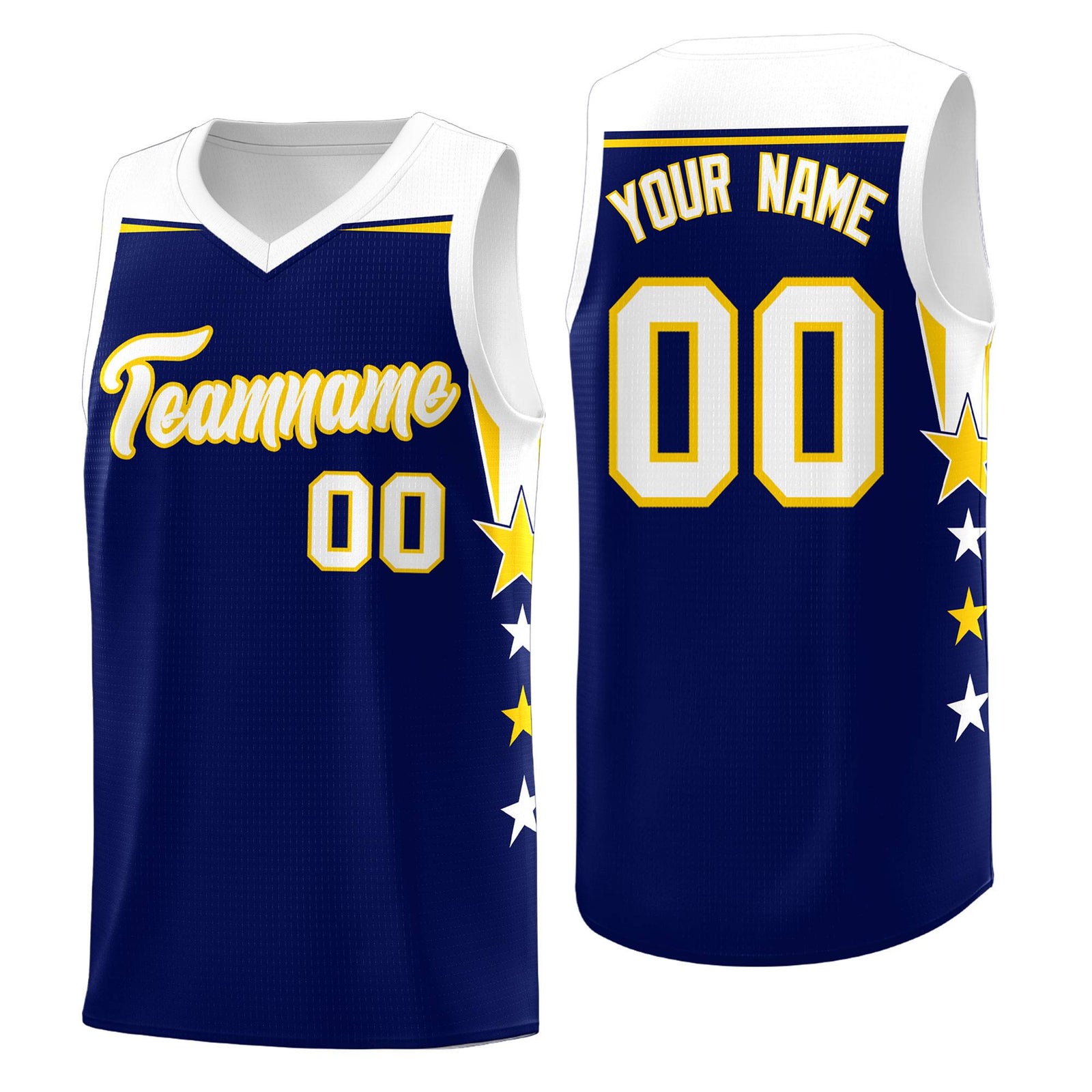 Custom Youth Basketball Uniform Navy White Two Tone Side Star Add Name Number & Logo