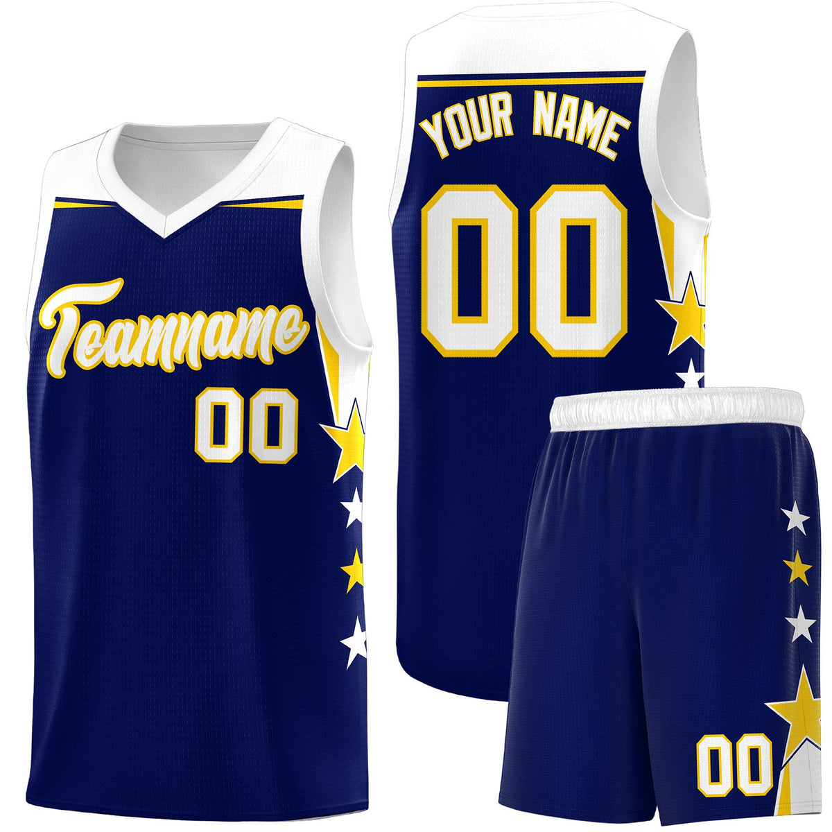 Custom Youth Basketball Uniform Navy White Two Tone Side Star Add Name Number &amp; Logo
