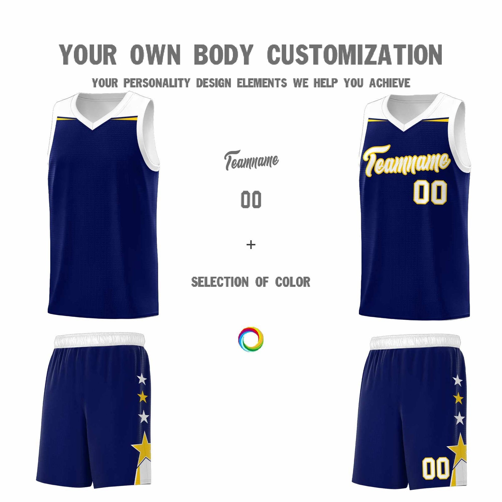 Custom Youth Basketball Uniform Navy White Two Tone Side Star Add Name Number & Logo