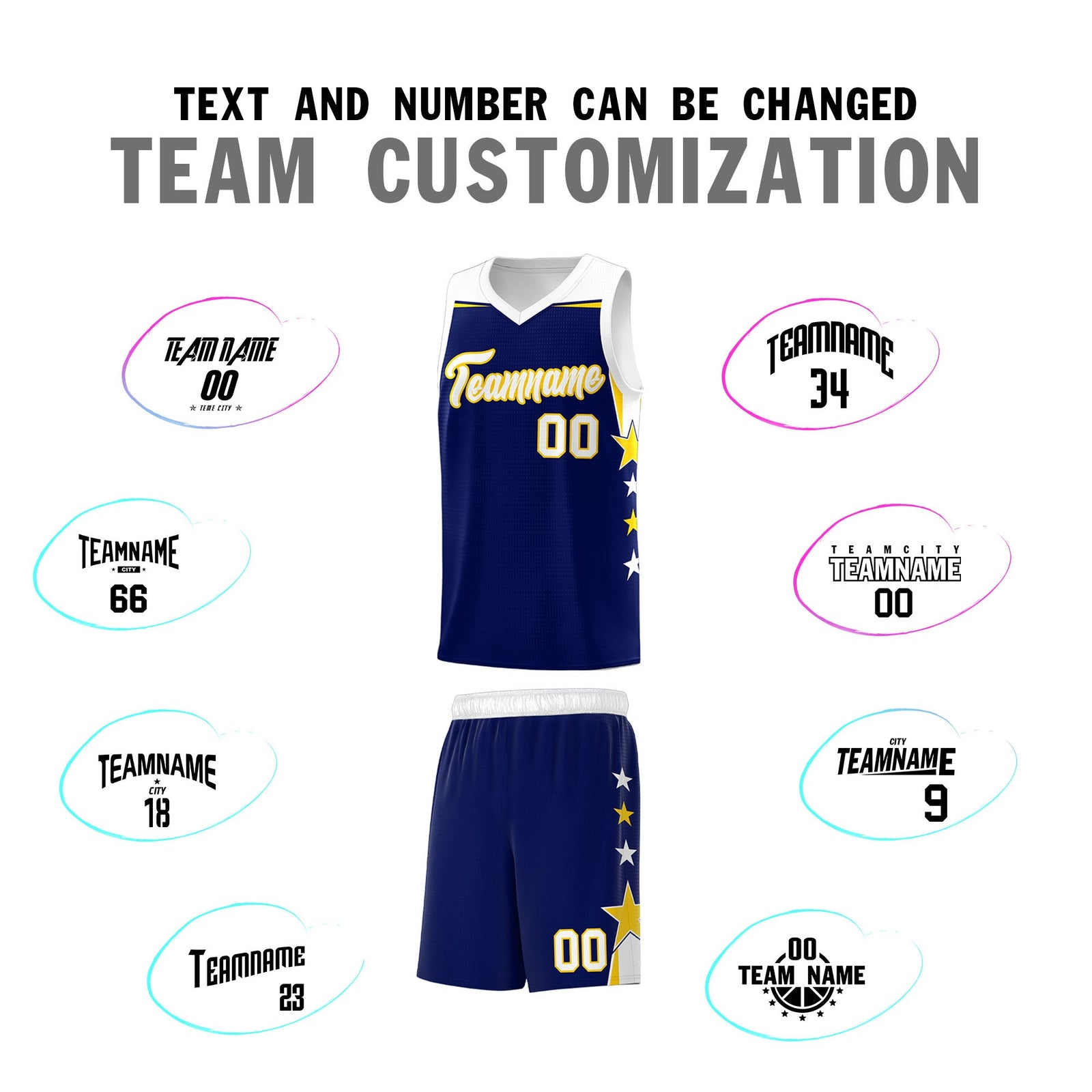 Custom Youth Basketball Uniform Navy White Two Tone Side Star Add Name Number & Logo