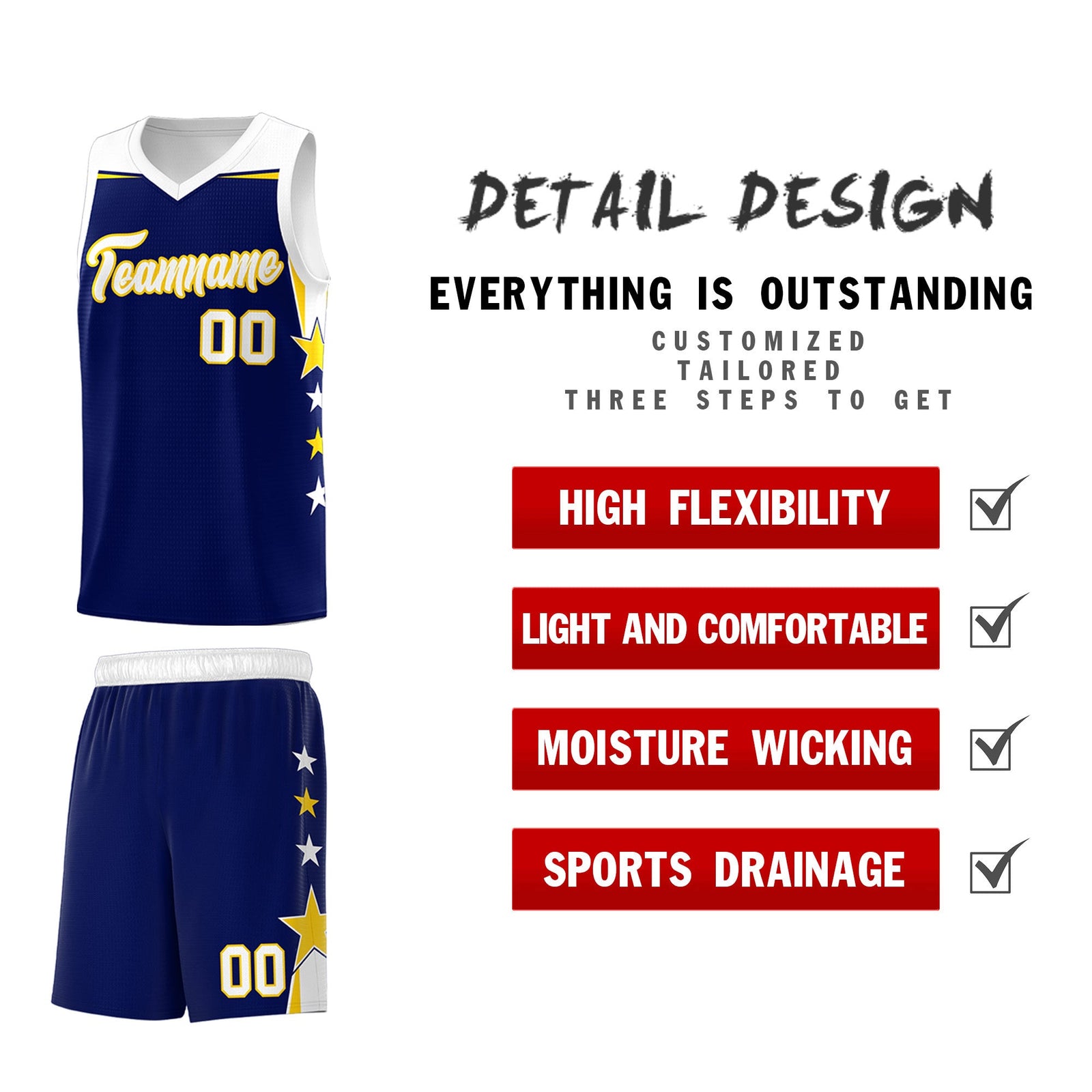 Custom Youth Basketball Uniform Navy White Two Tone Side Star Add Name Number & Logo
