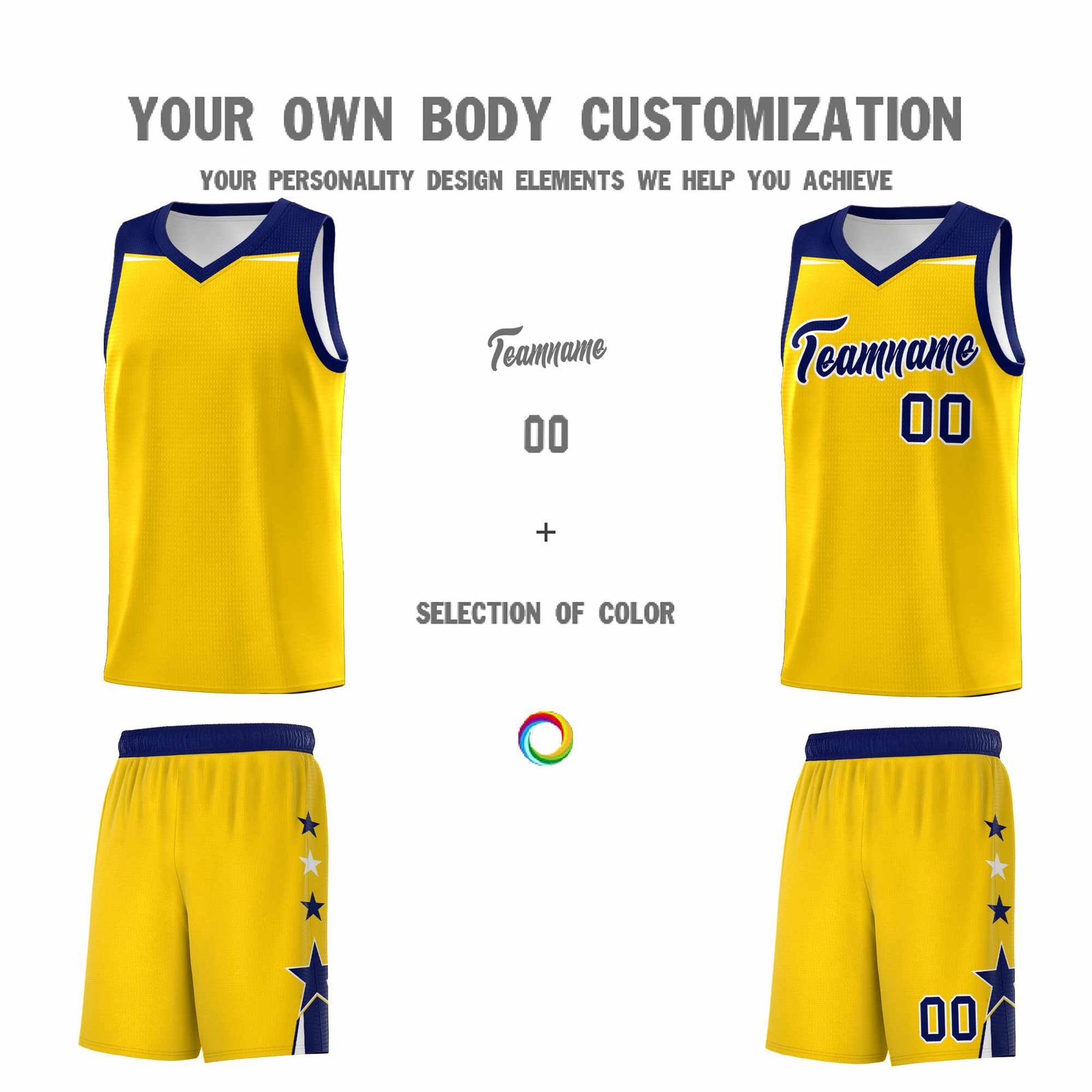 Custom Youth Basketball Uniform Gold Navy Two Tone Side Star Personalized Team Jersey