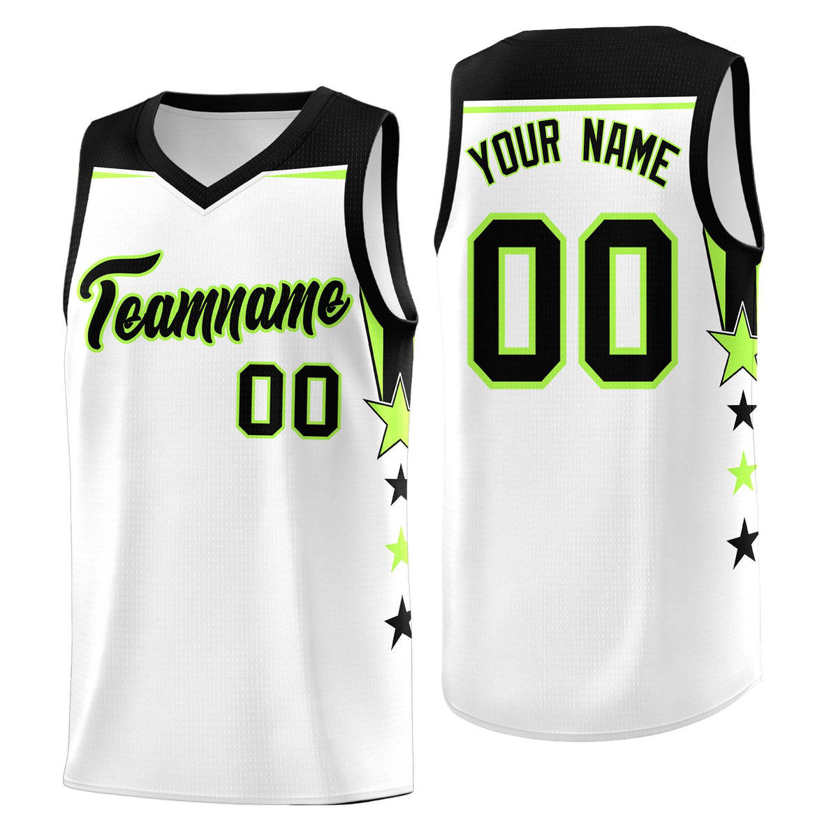 Custom Youth Basketball Uniform White Black Two Tone Side Star Add Name Number &amp; Logo