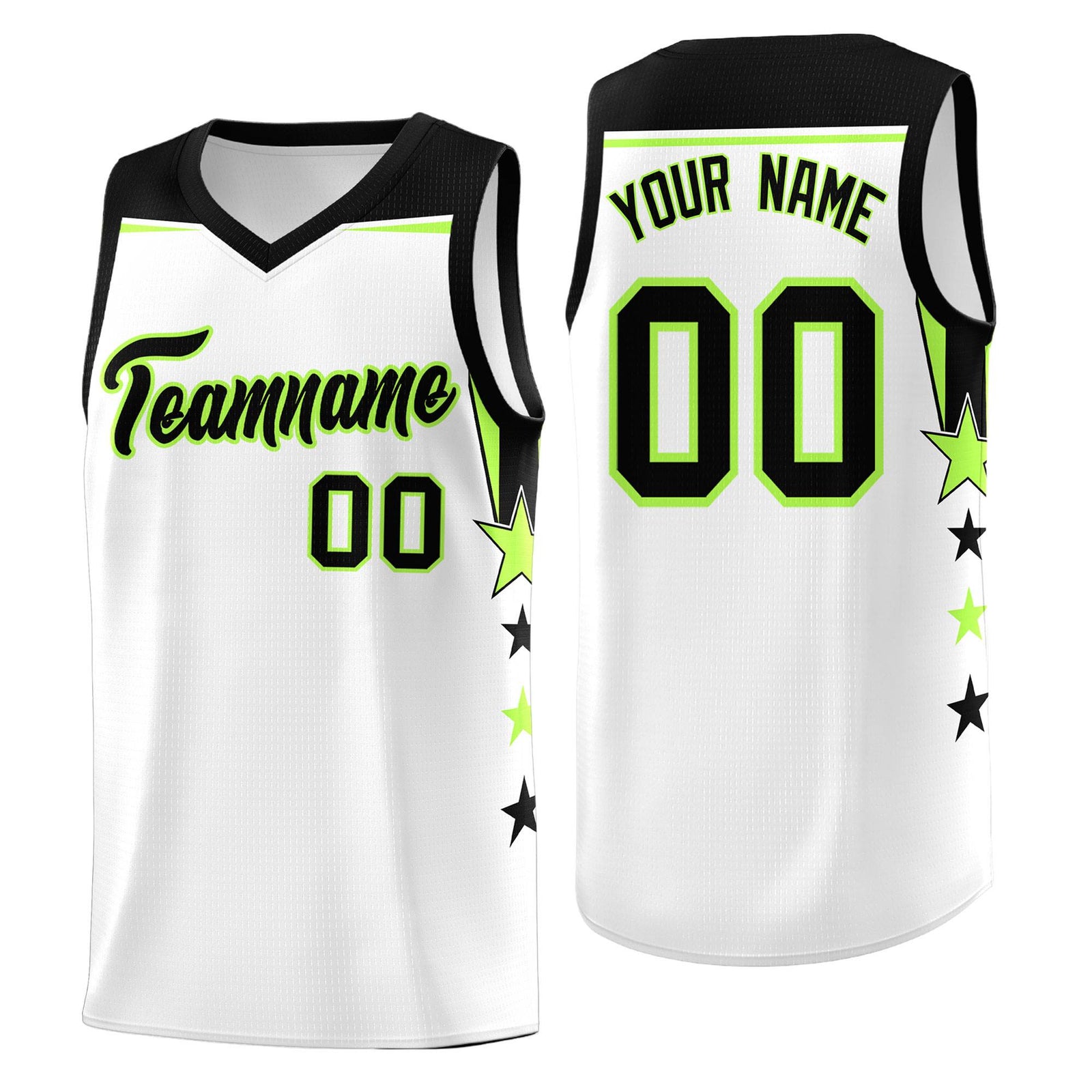 Custom Youth Basketball Uniform White Black Two Tone Side Star Add Name Number & Logo