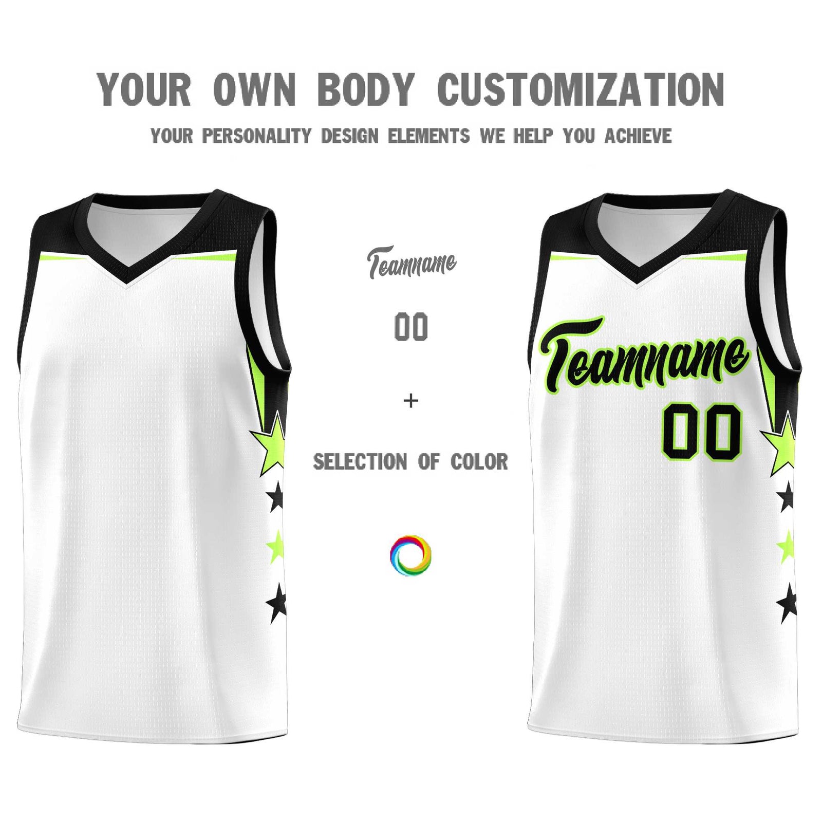 Custom Youth Basketball Uniform White Black Two Tone Side Star Add Name Number & Logo