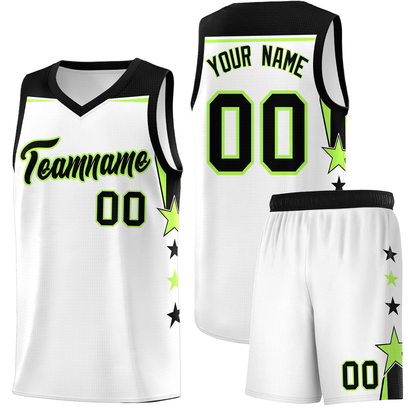Custom Youth Basketball Uniform White Black Two Tone Side Star Add Name Number & Logo