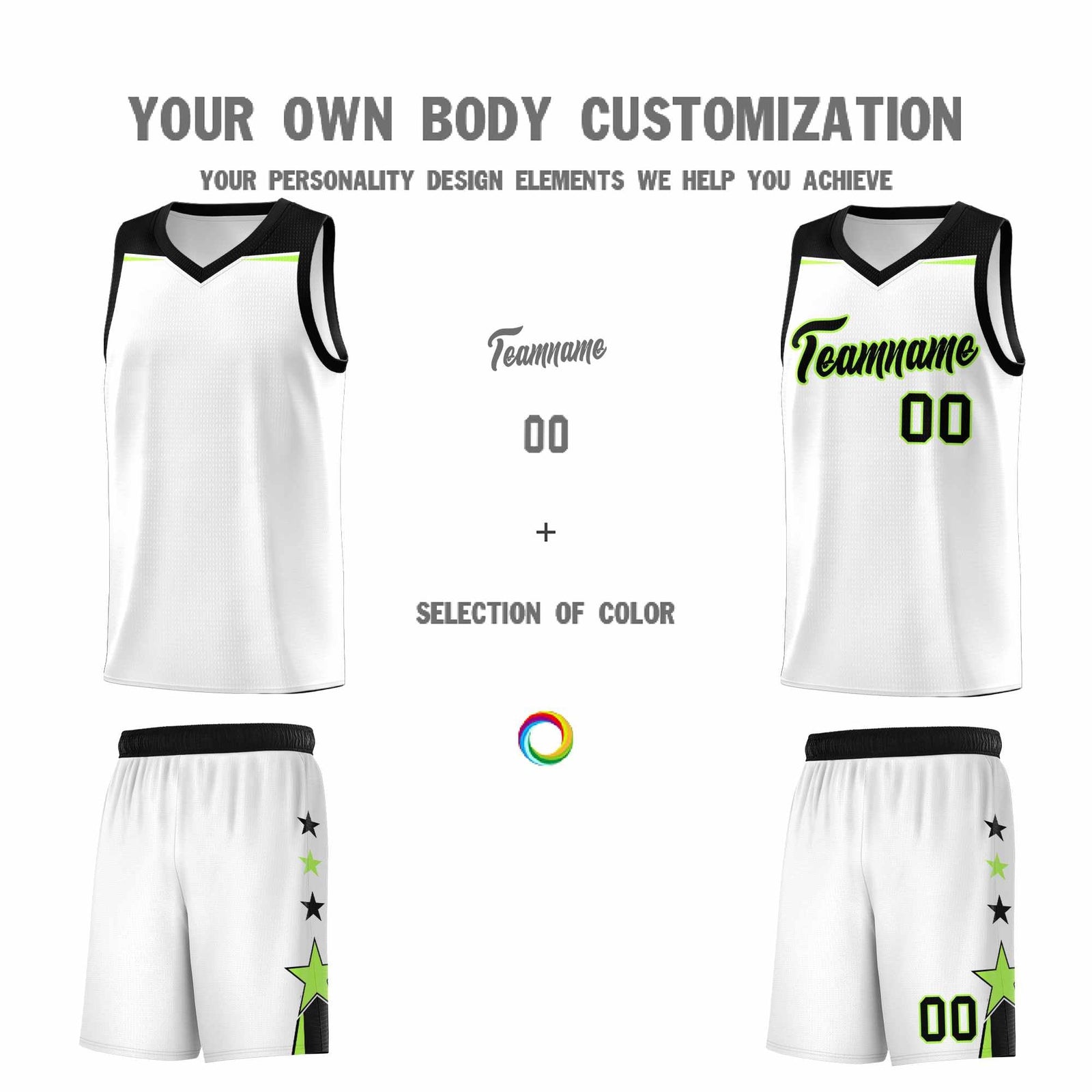 Custom Youth Basketball Uniform White Black Two Tone Side Star Add Name Number & Logo
