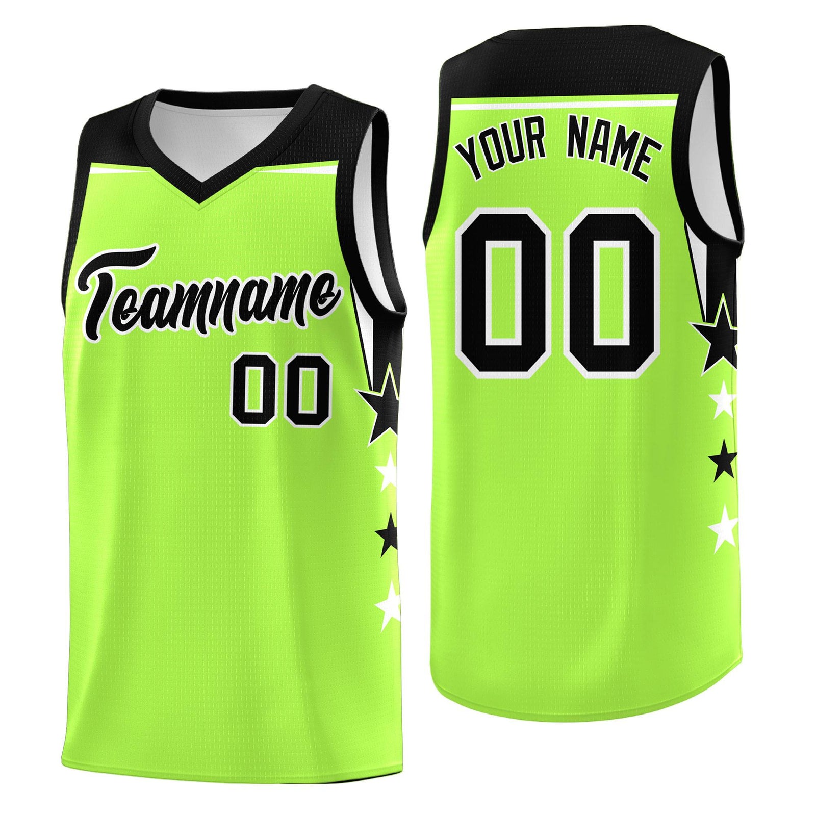 Custom Youth Basketball Uniform Fluorescent Green Black Two Tone Side Star Add Name Number & Logo