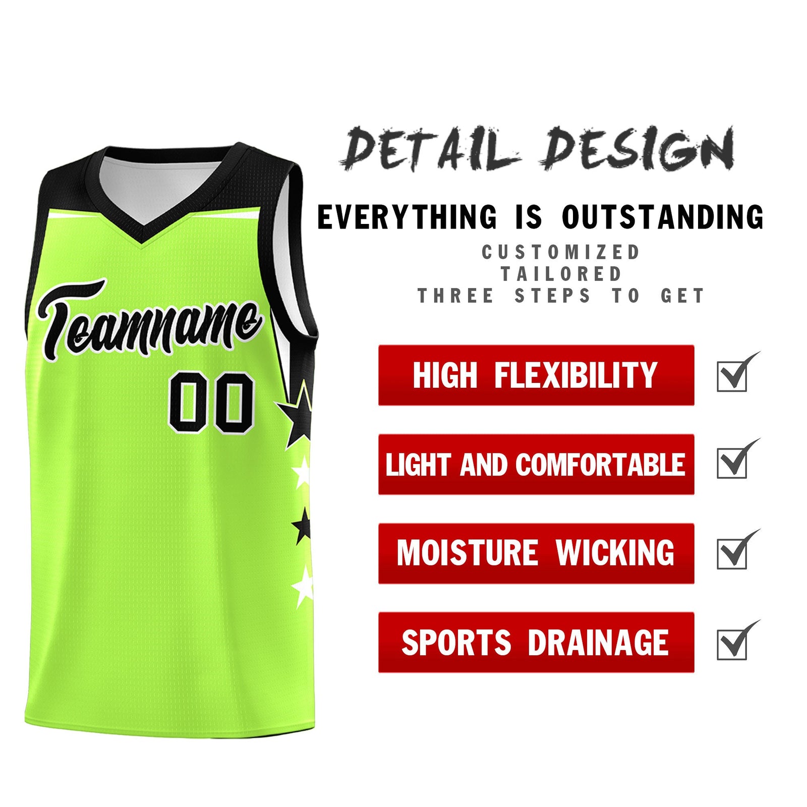 Custom Youth Basketball Uniform Fluorescent Green Black Two Tone Side Star Add Name Number & Logo