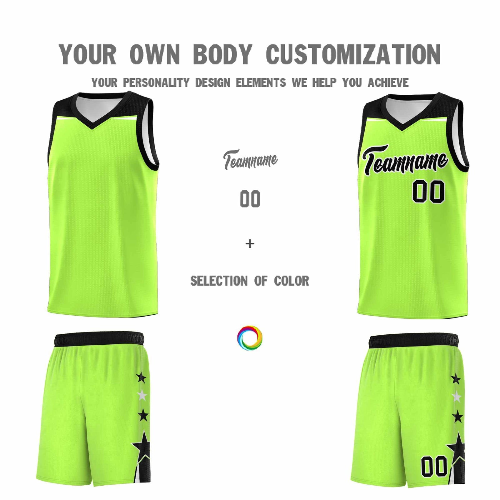 Custom Youth Basketball Uniform Fluorescent Green Black Two Tone Side Star Add Name Number & Logo
