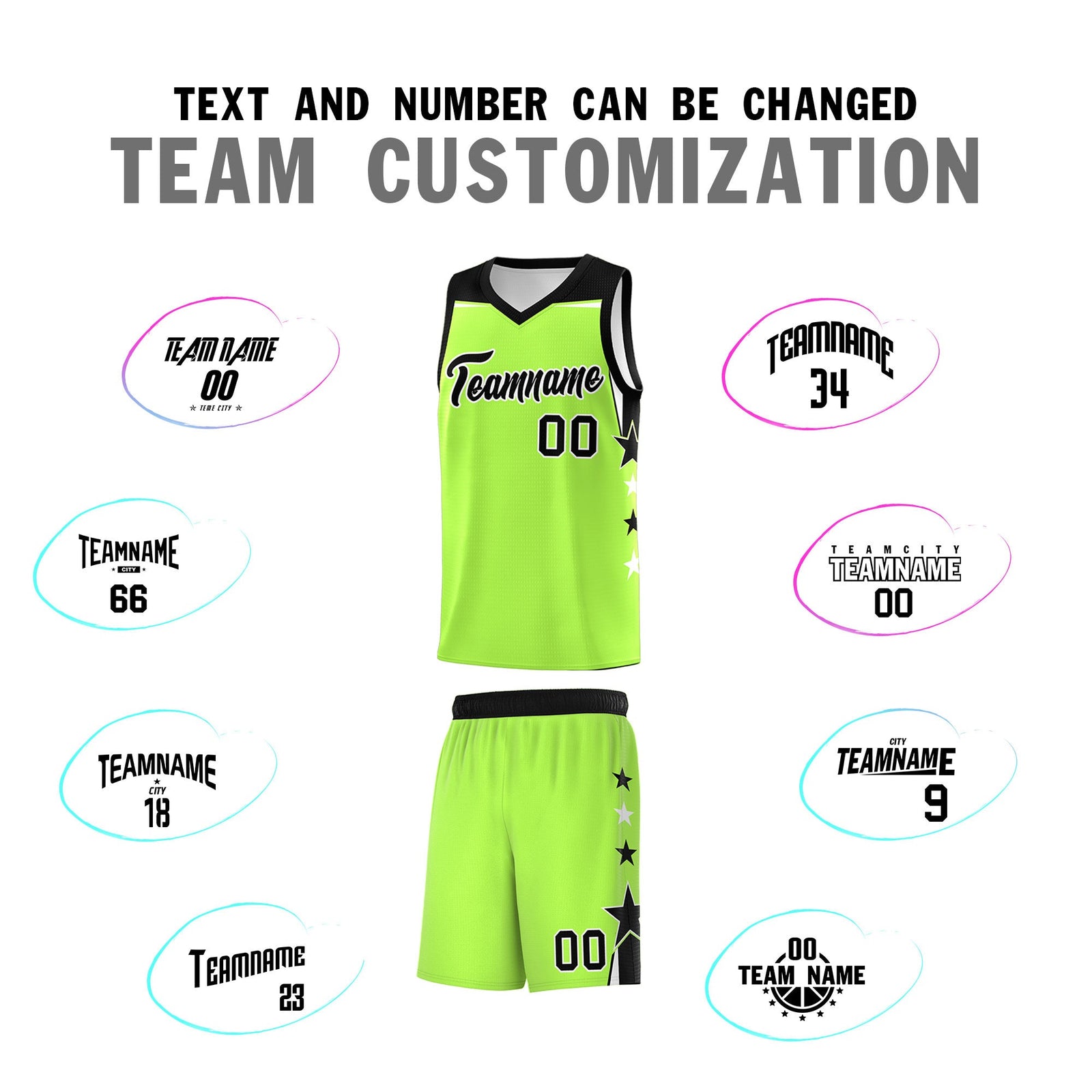 Custom Youth Basketball Uniform Fluorescent Green Black Two Tone Side Star Add Name Number & Logo
