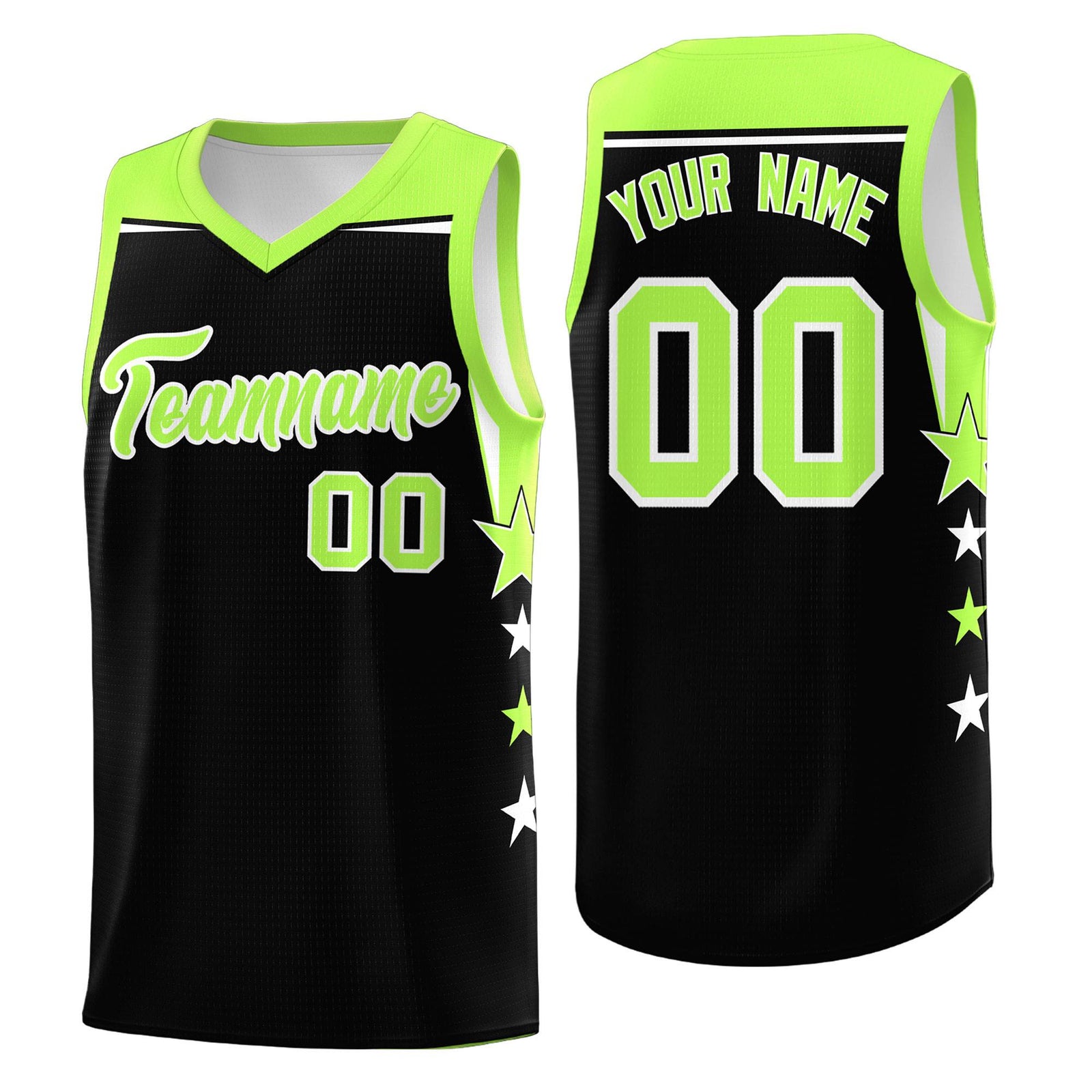 Custom Youth Basketball Uniform Black Fluorescent Green Two Tone Side Star Personalized Team Jersey