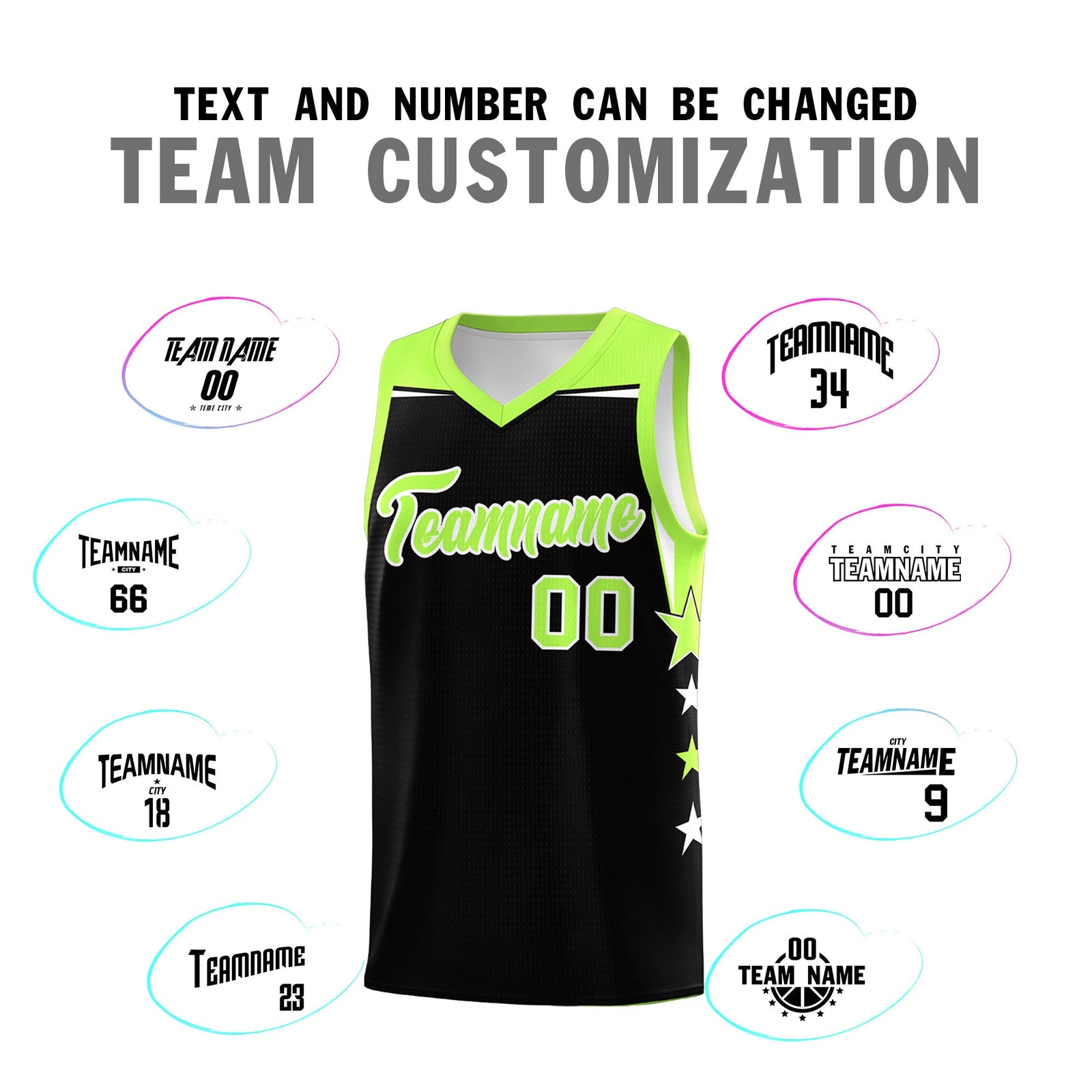 Custom Youth Basketball Uniform Black Fluorescent Green Two Tone Side Star Personalized Team Jersey