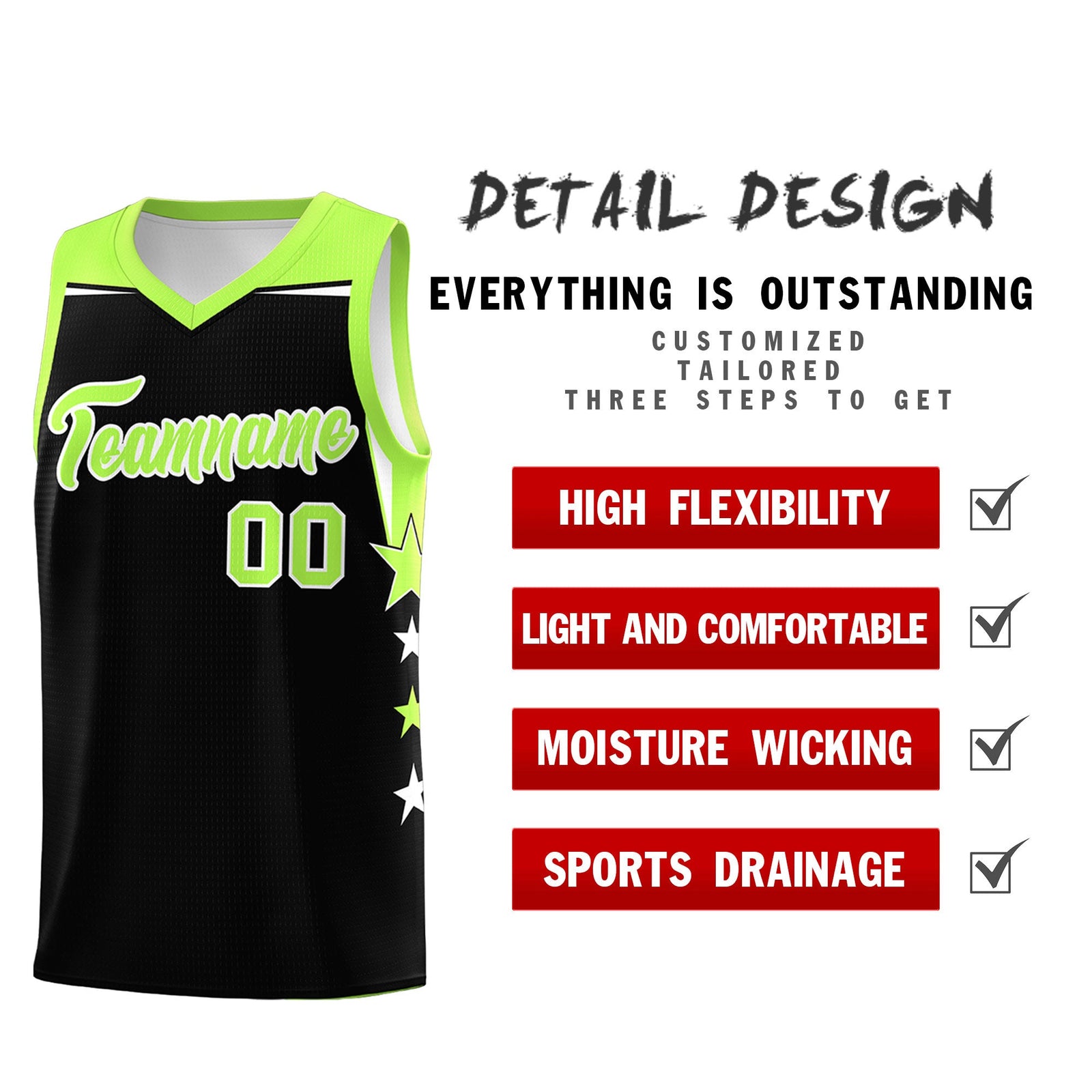 Custom Youth Basketball Uniform Black Fluorescent Green Two Tone Side Star Personalized Team Jersey