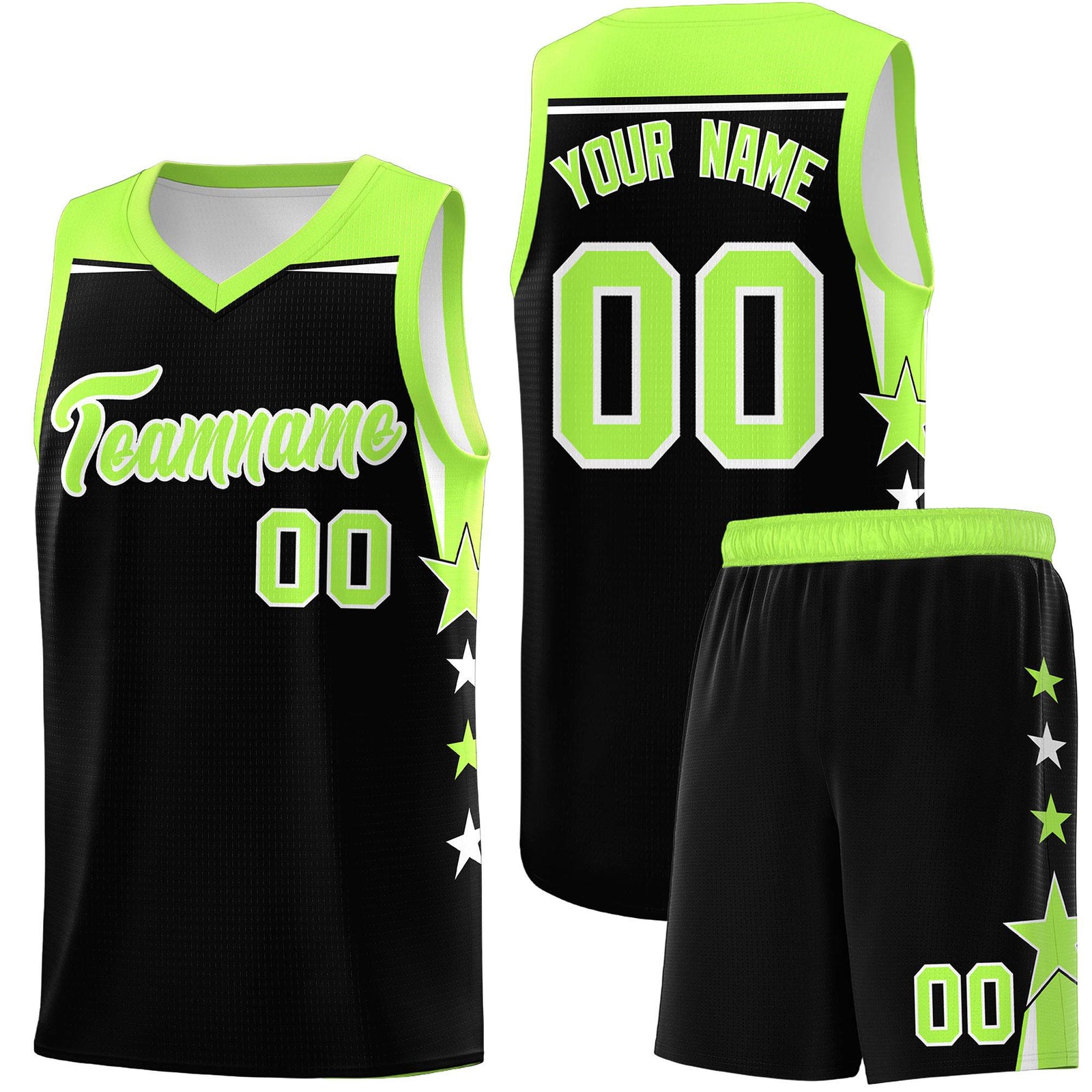 Custom Youth Basketball Uniform Black Fluorescent Green Two Tone Side Star Personalized Team Jersey
