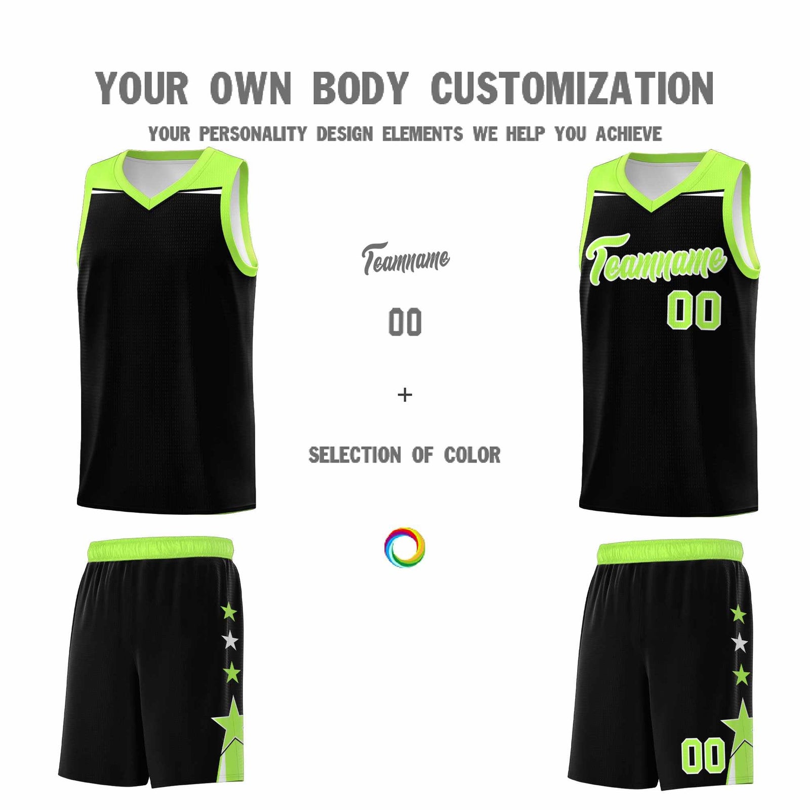 Custom Youth Basketball Uniform Black Fluorescent Green Two Tone Side Star Personalized Team Jersey