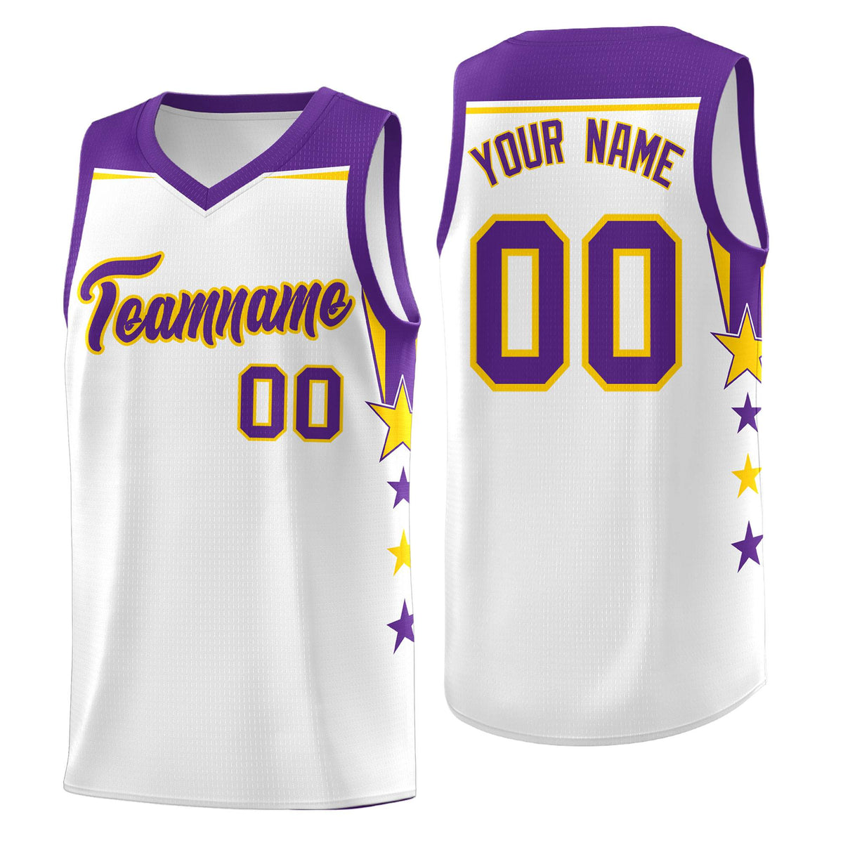 Custom Youth Basketball Uniform White Purple Two Tone Side Star Color Block Team Jersey