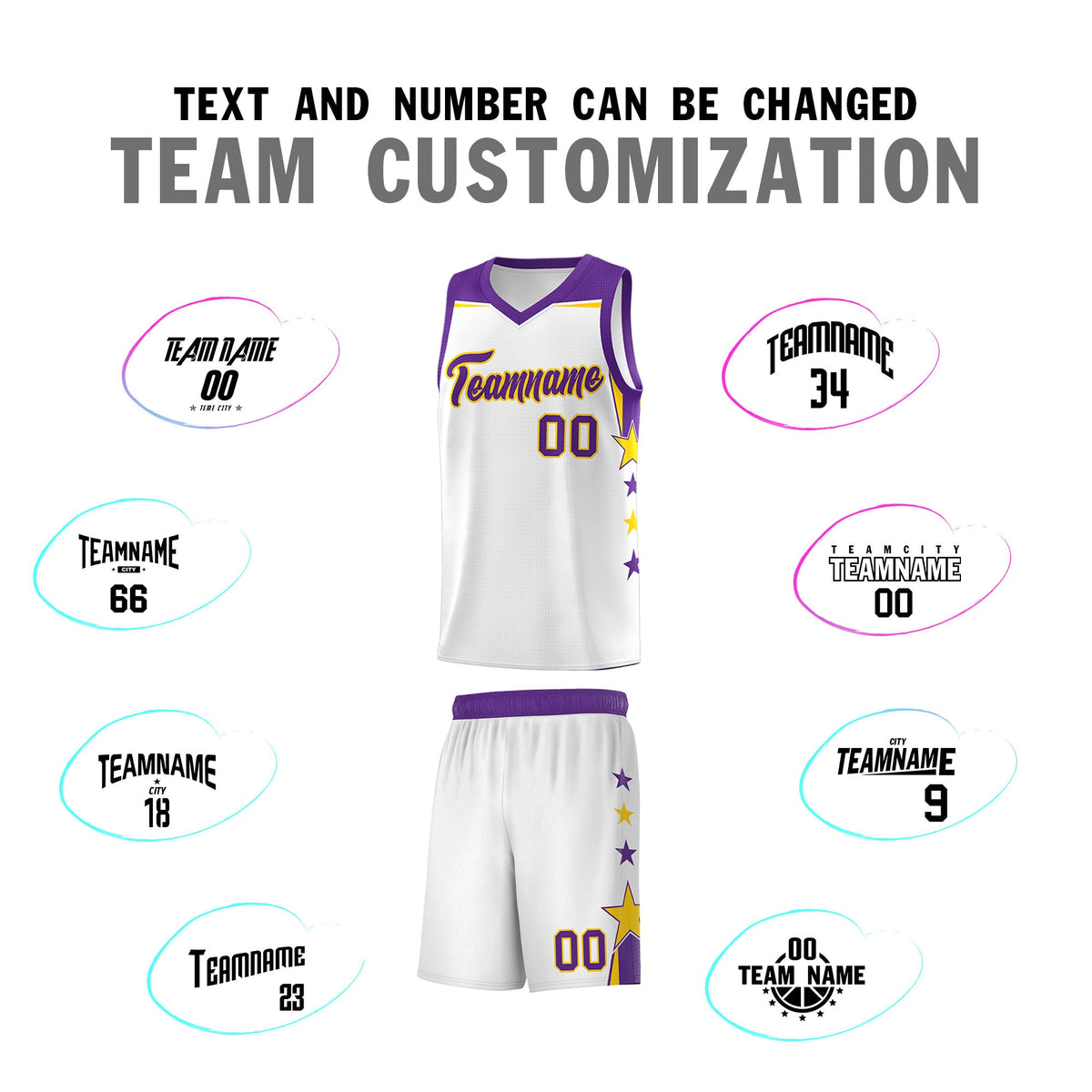 Custom Youth Basketball Uniform White Purple Two Tone Side Star Color Block Team Jersey