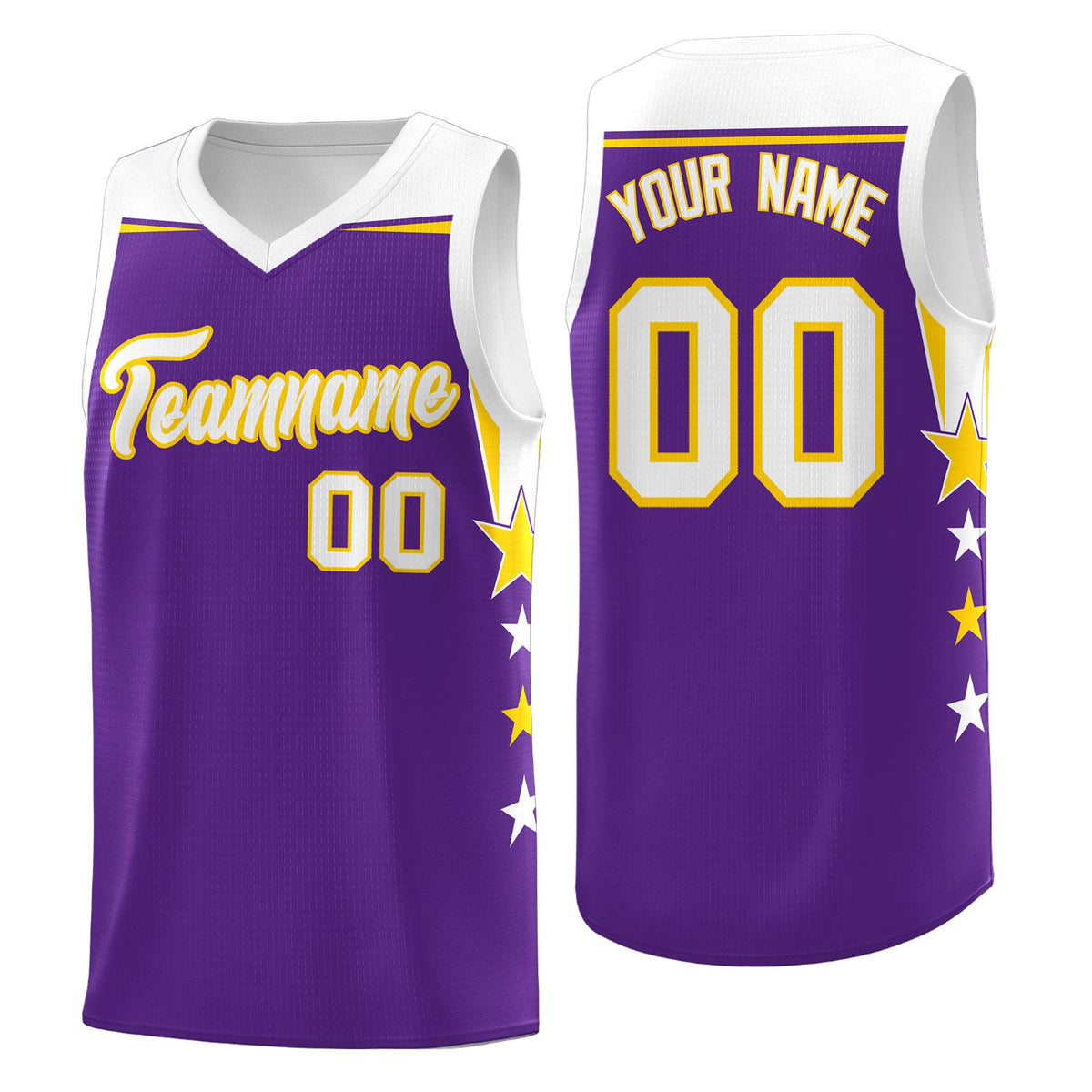 Custom Youth Basketball Uniform Purple White Two Tone Side Star Add Name Number &amp; Logo