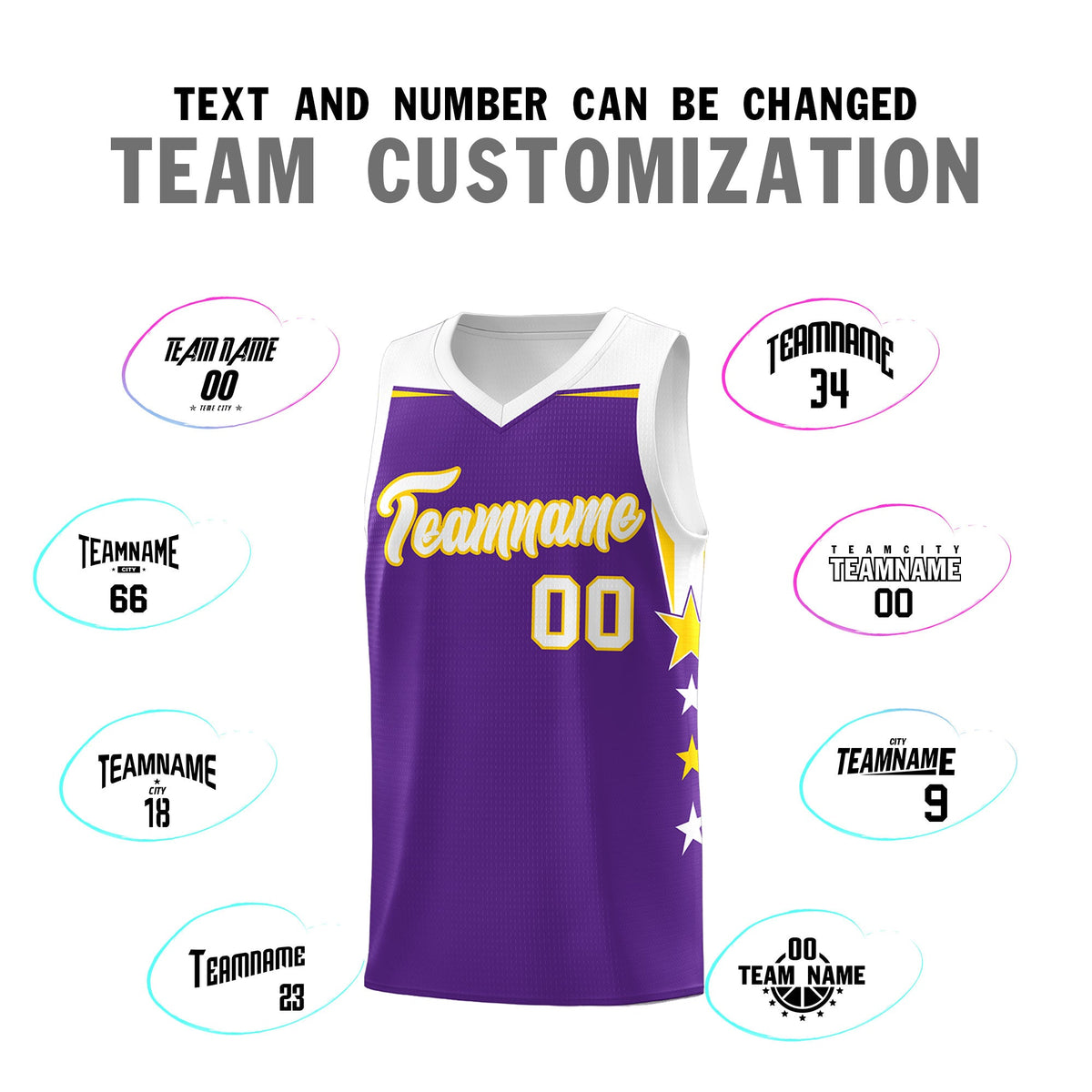 Custom Youth Basketball Uniform Purple White Two Tone Side Star Add Name Number &amp; Logo